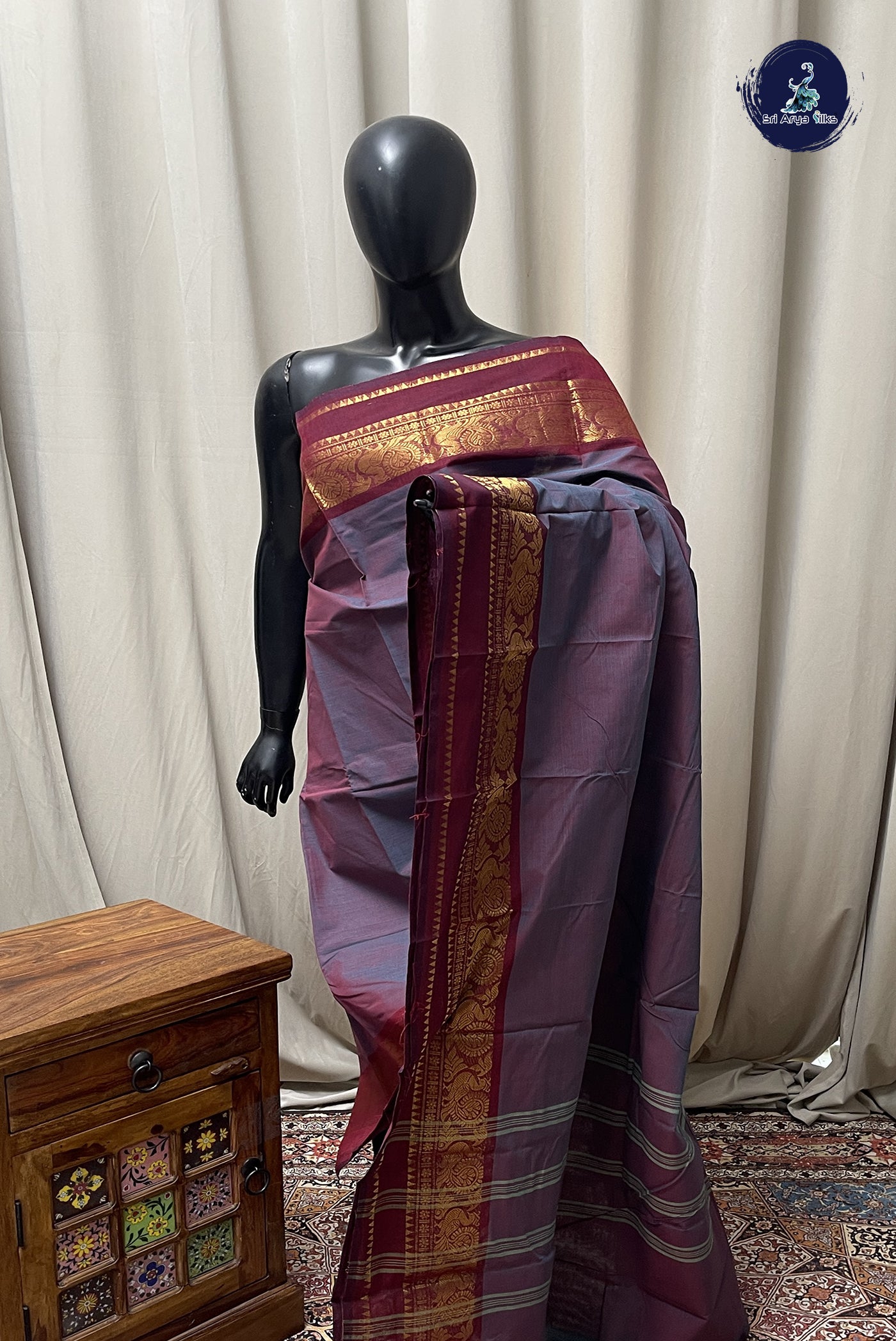 Dual Tone Blue Chettinad Cotton Saree With Plain Pattern