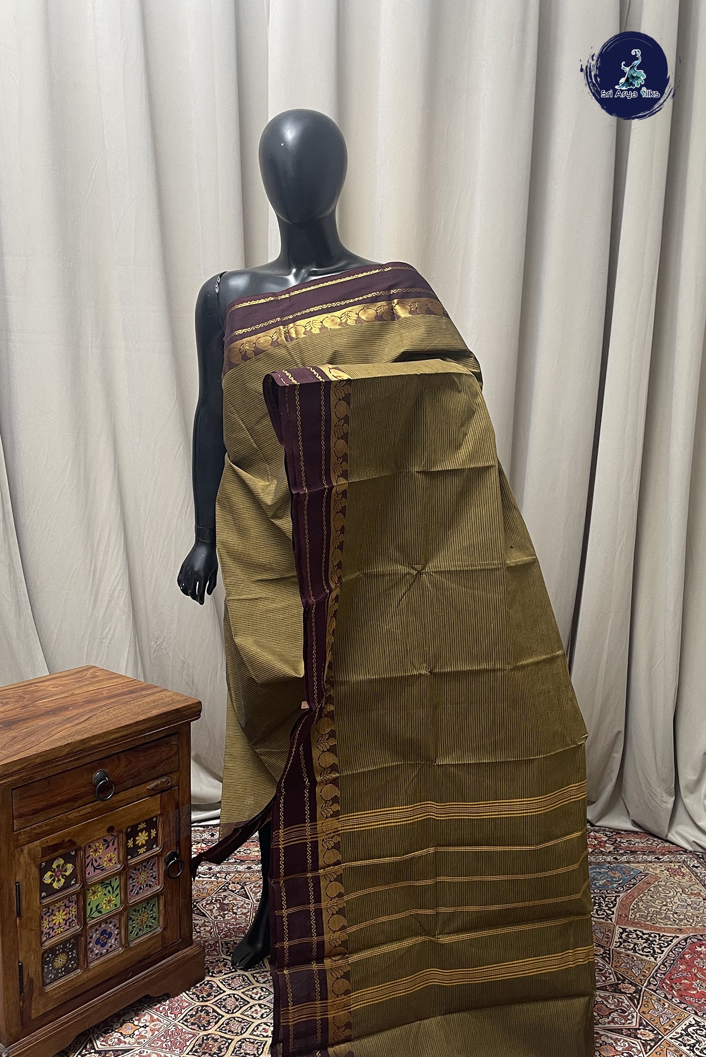 Mustard Chettinad Cotton Saree With Stripes Pattern