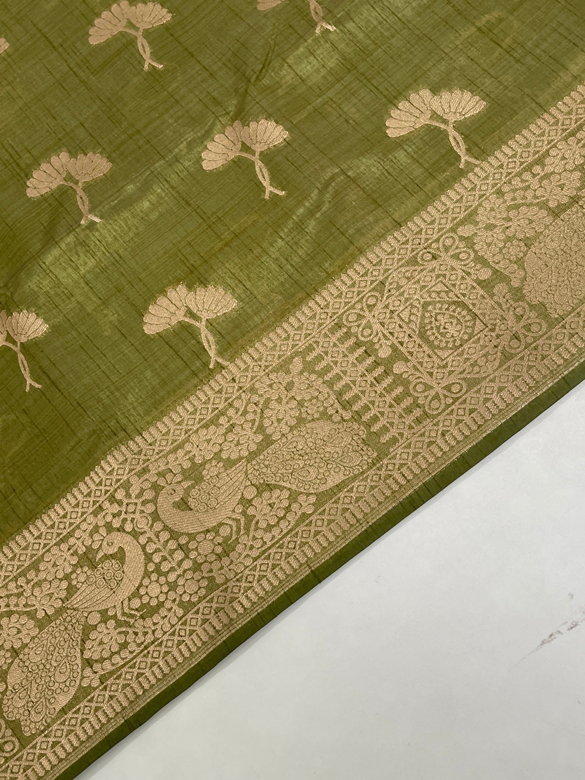 Mehendi Green Semi Tussar Saree With Zari Buttas Pattern