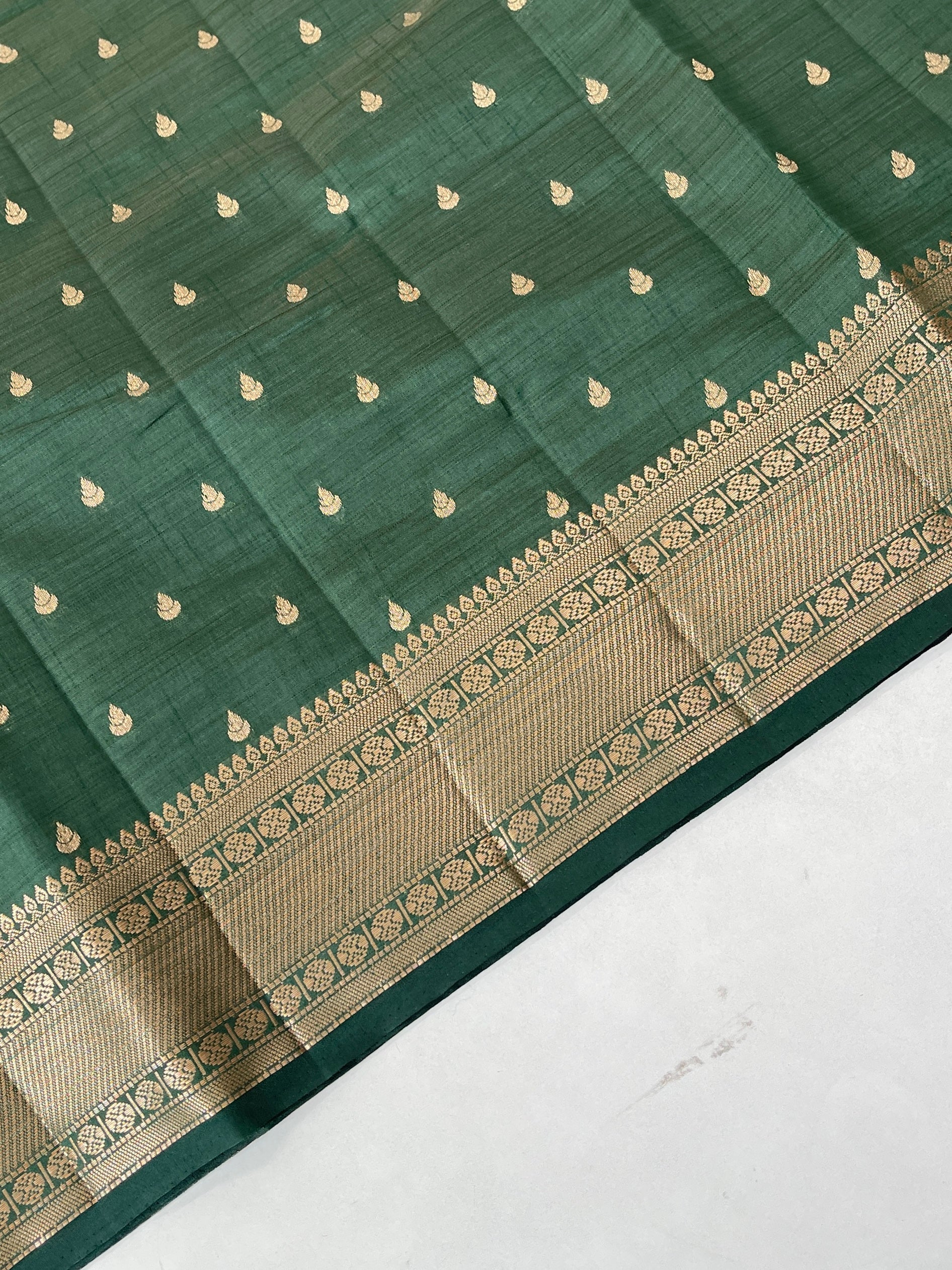 Dark Green Semi Tussar Saree With Zari Buttas Pattern