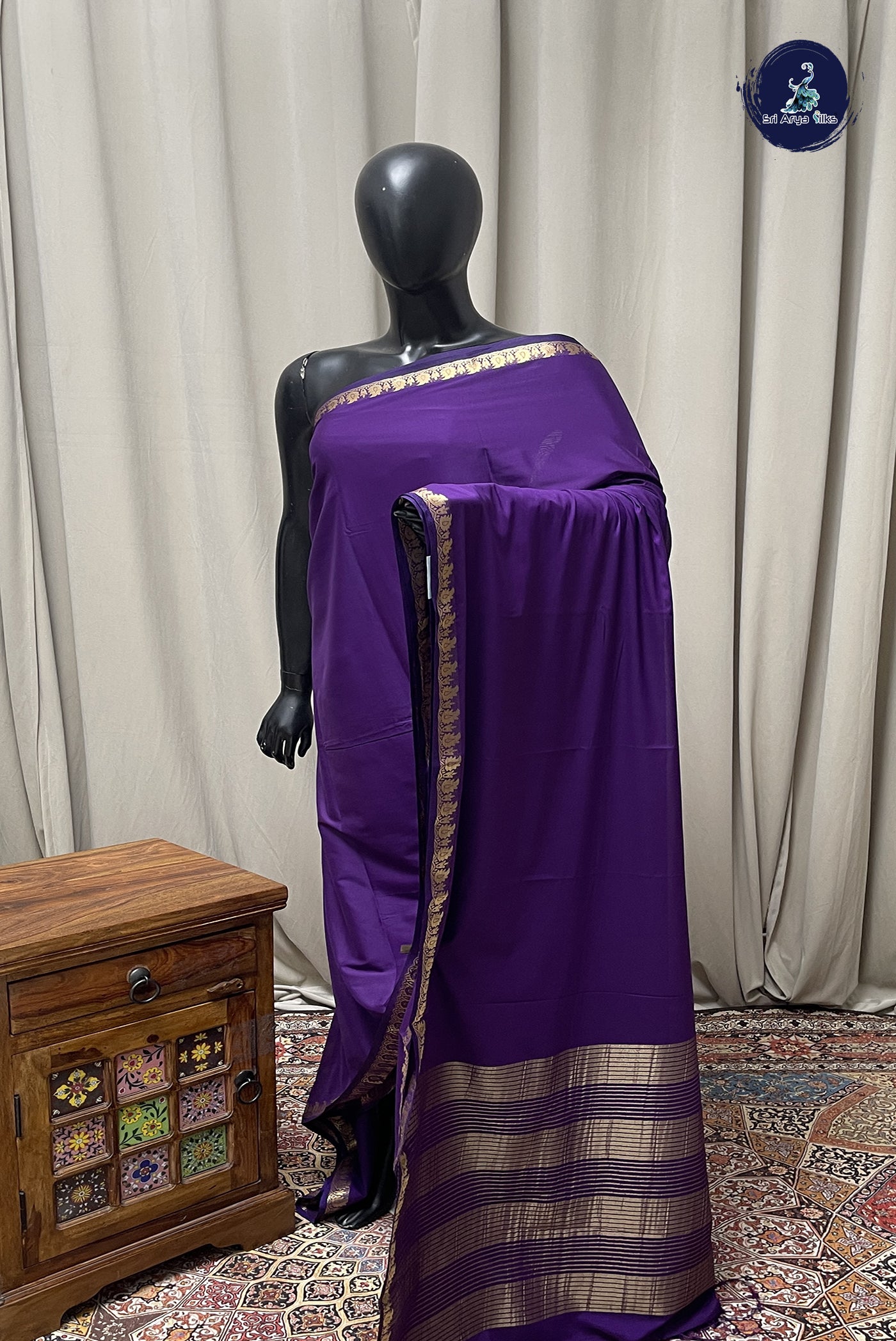 Dark Brinjal Semi Mysore Silk With Plain Pattern