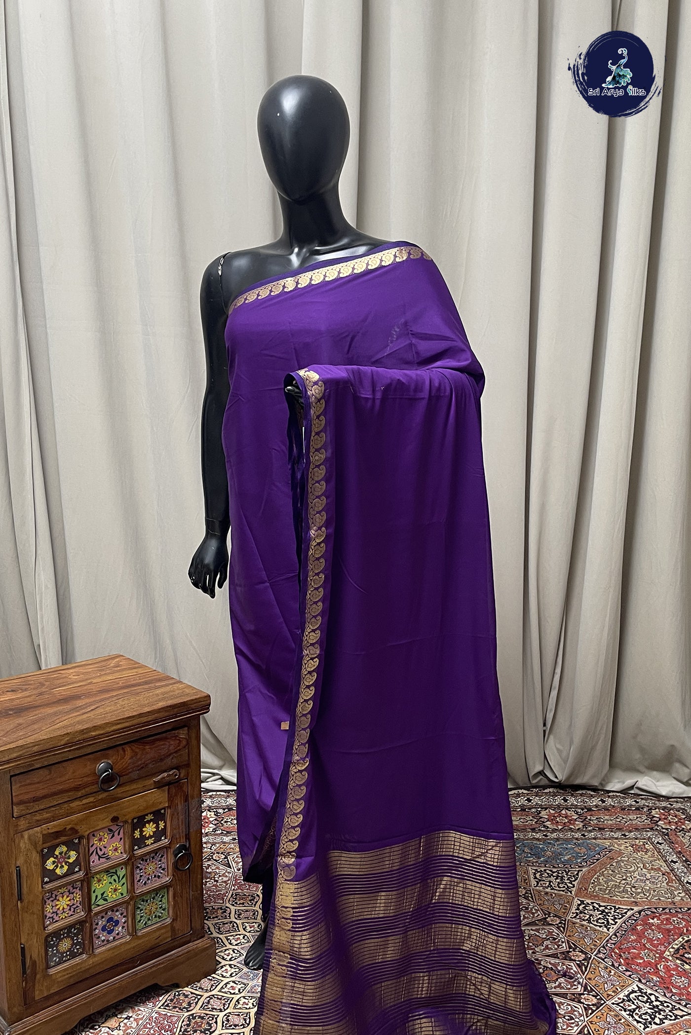 Dark Brinjal Semi Mysore Silk With Plain Pattern