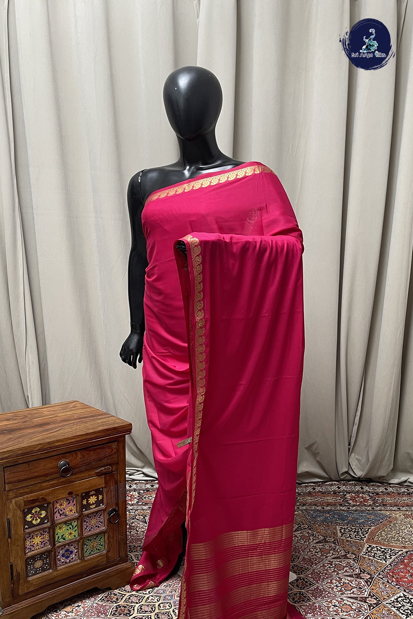 Dark Pink Semi Mysore Silk With Plain Pattern