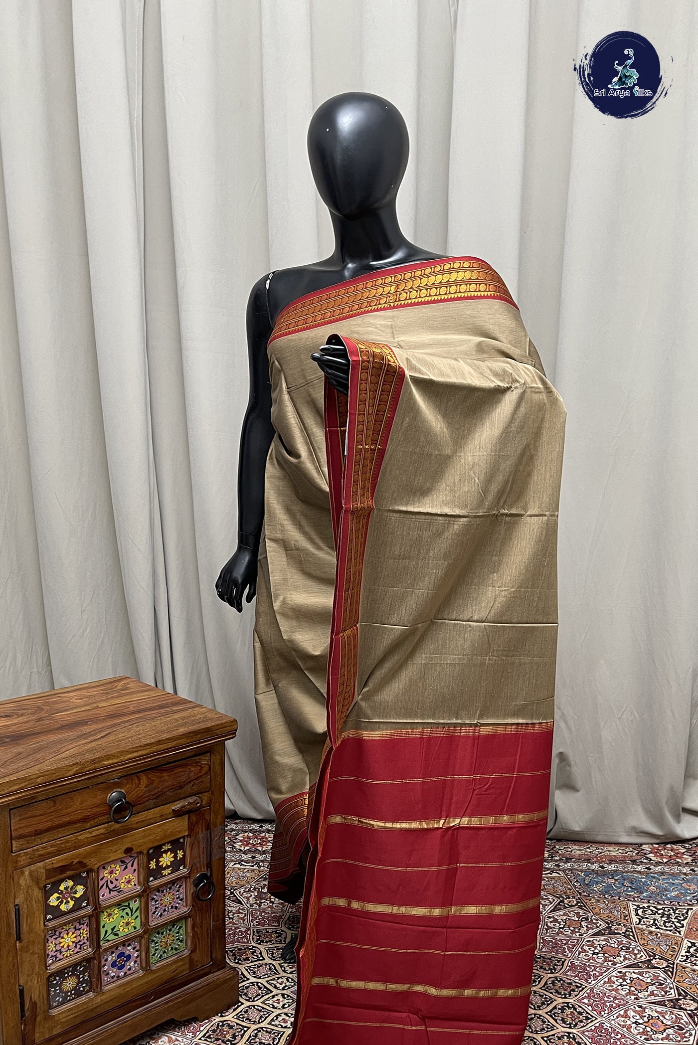 Khaki Budget Semi Silk Cotton Saree With Plain Pattern