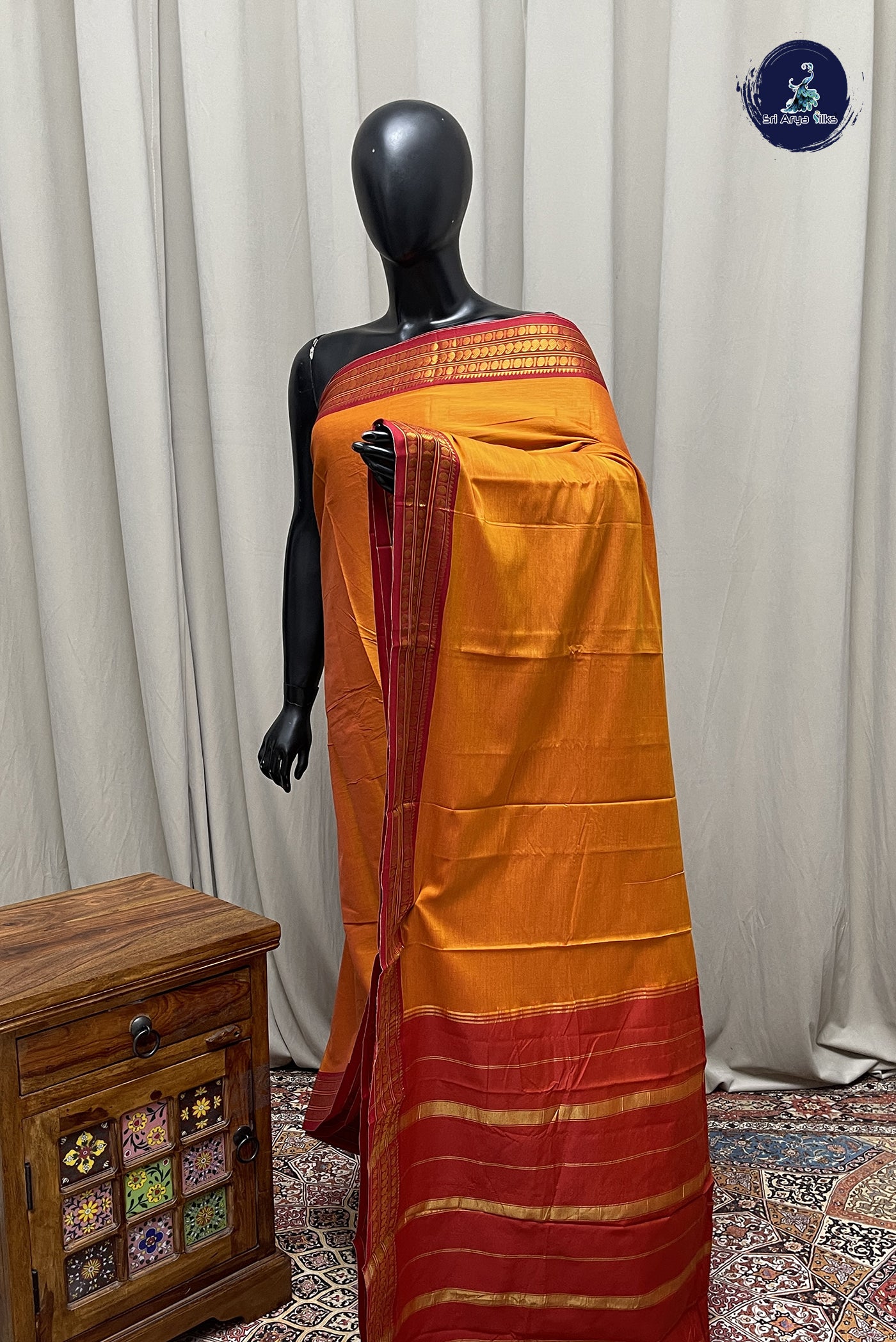 Orange Budget Semi Silk Cotton Saree With Plain Pattern
