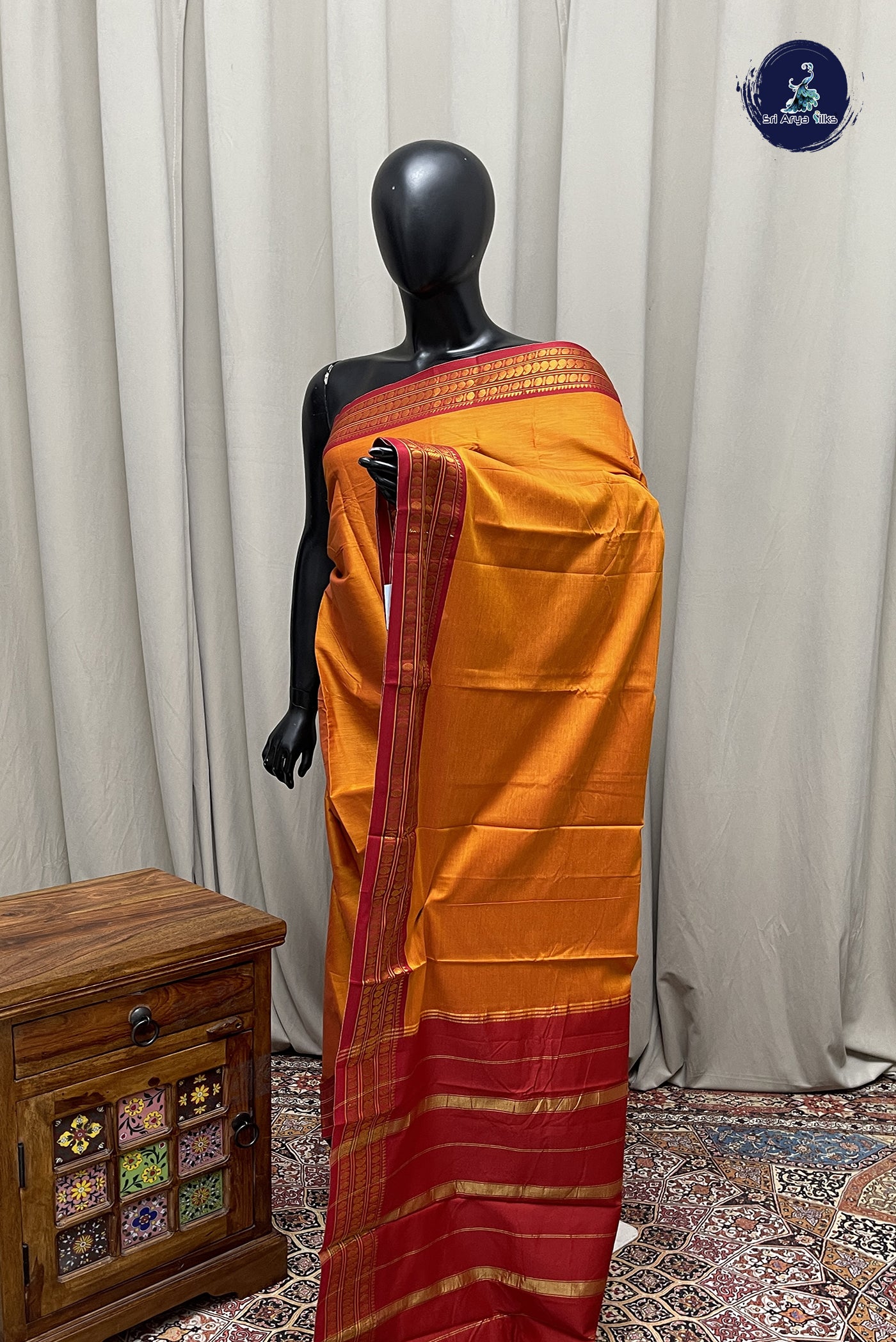 Orange Budget Semi Silk Cotton Saree With Plain Pattern