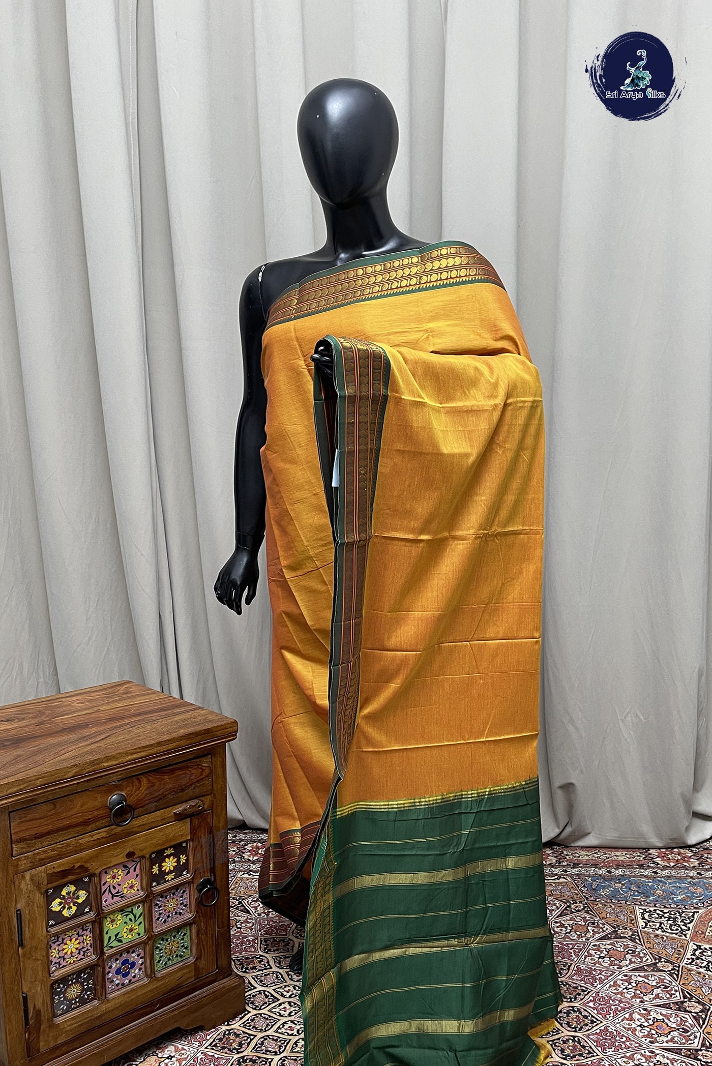 Mustard Yellow Budget Semi Silk Cotton Saree With Plain Pattern