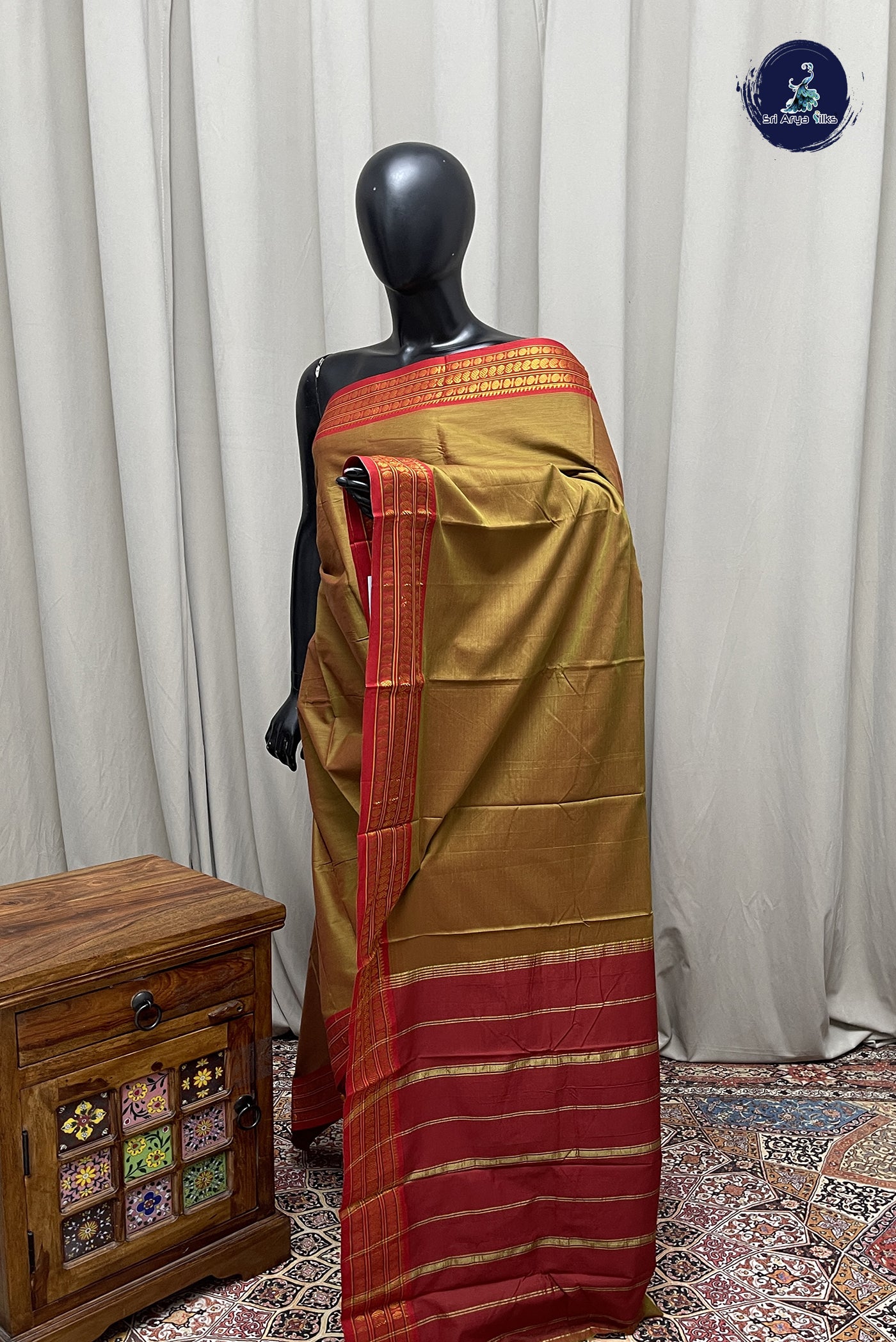 Mustard Budget Semi Silk Cotton Saree With Plain Pattern
