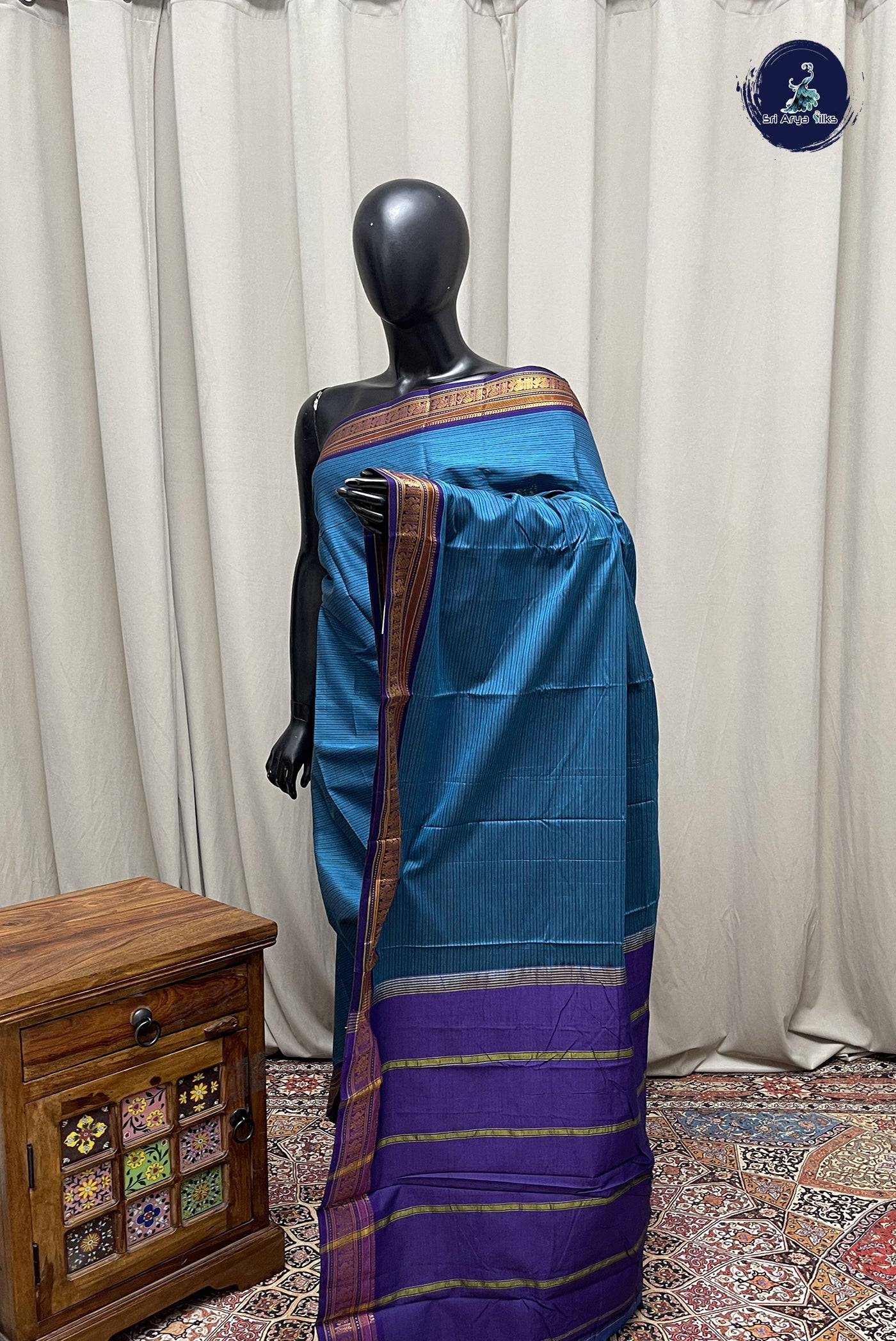Blue Budget Semi Silk Cotton Saree With Doria Lines Pattern