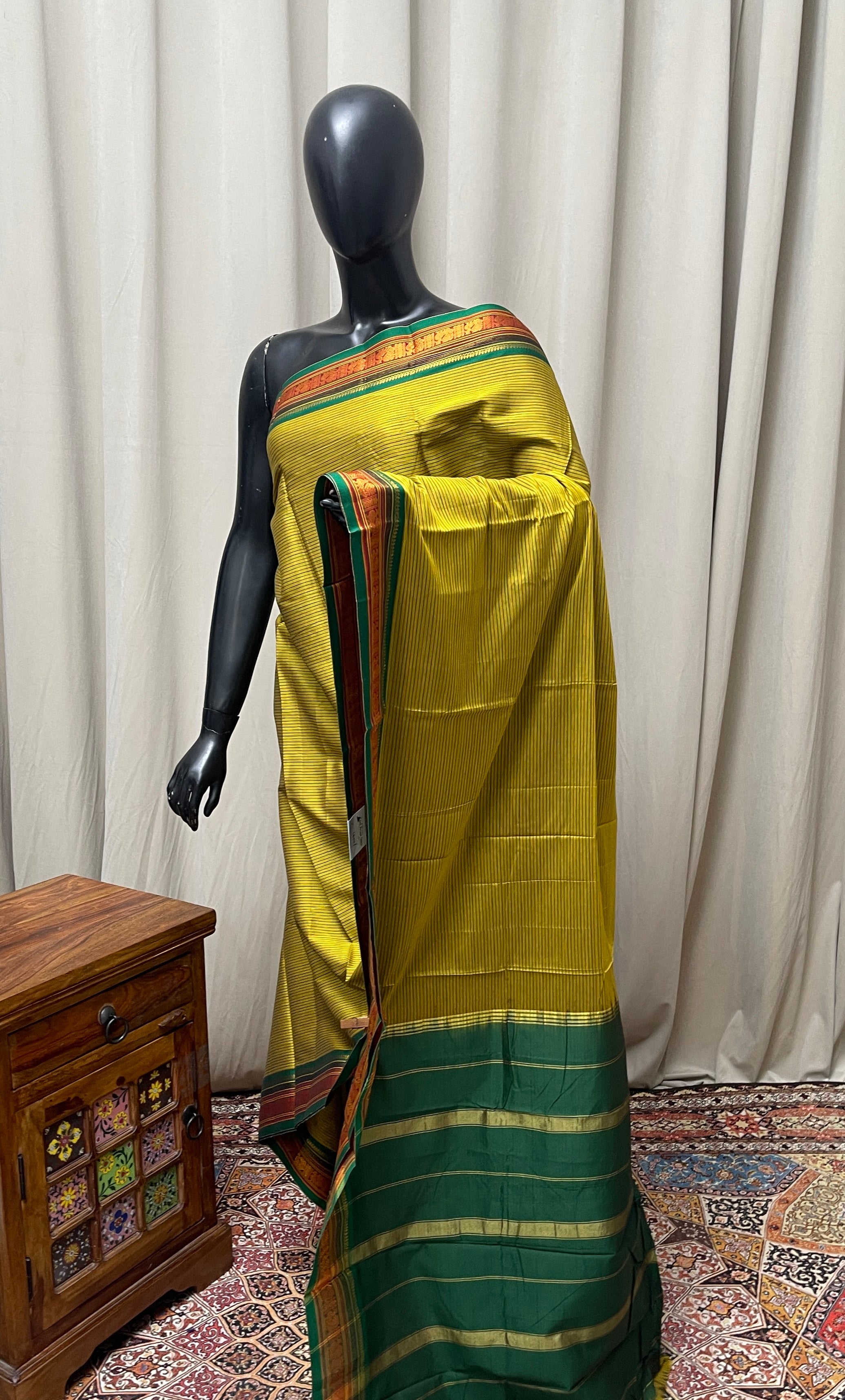 Yellowish Green Budget Semi Silk Cotton Saree With Doria Lines Pattern