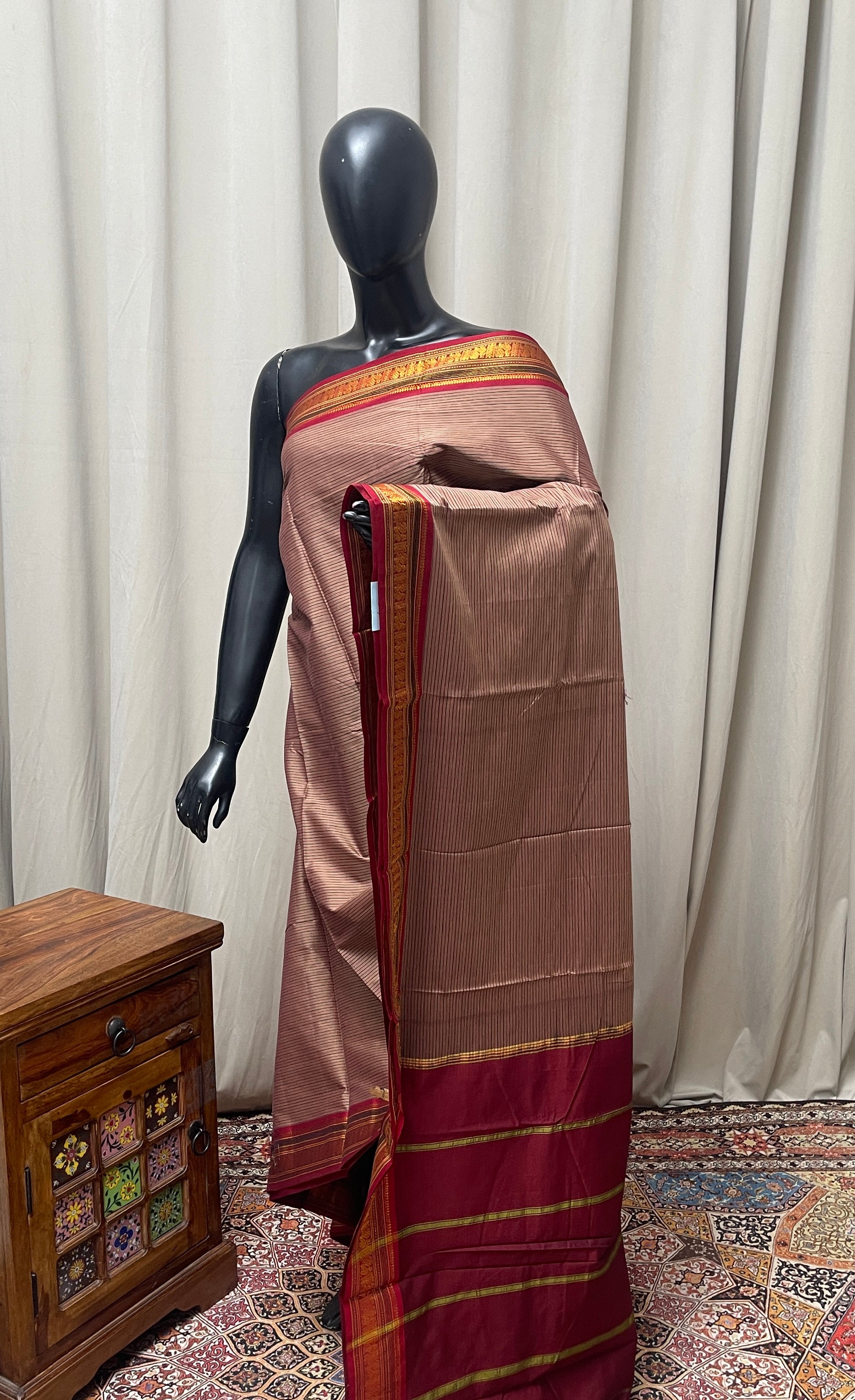 Light Brown Budget Semi Silk Cotton Saree With Doria Lines Pattern