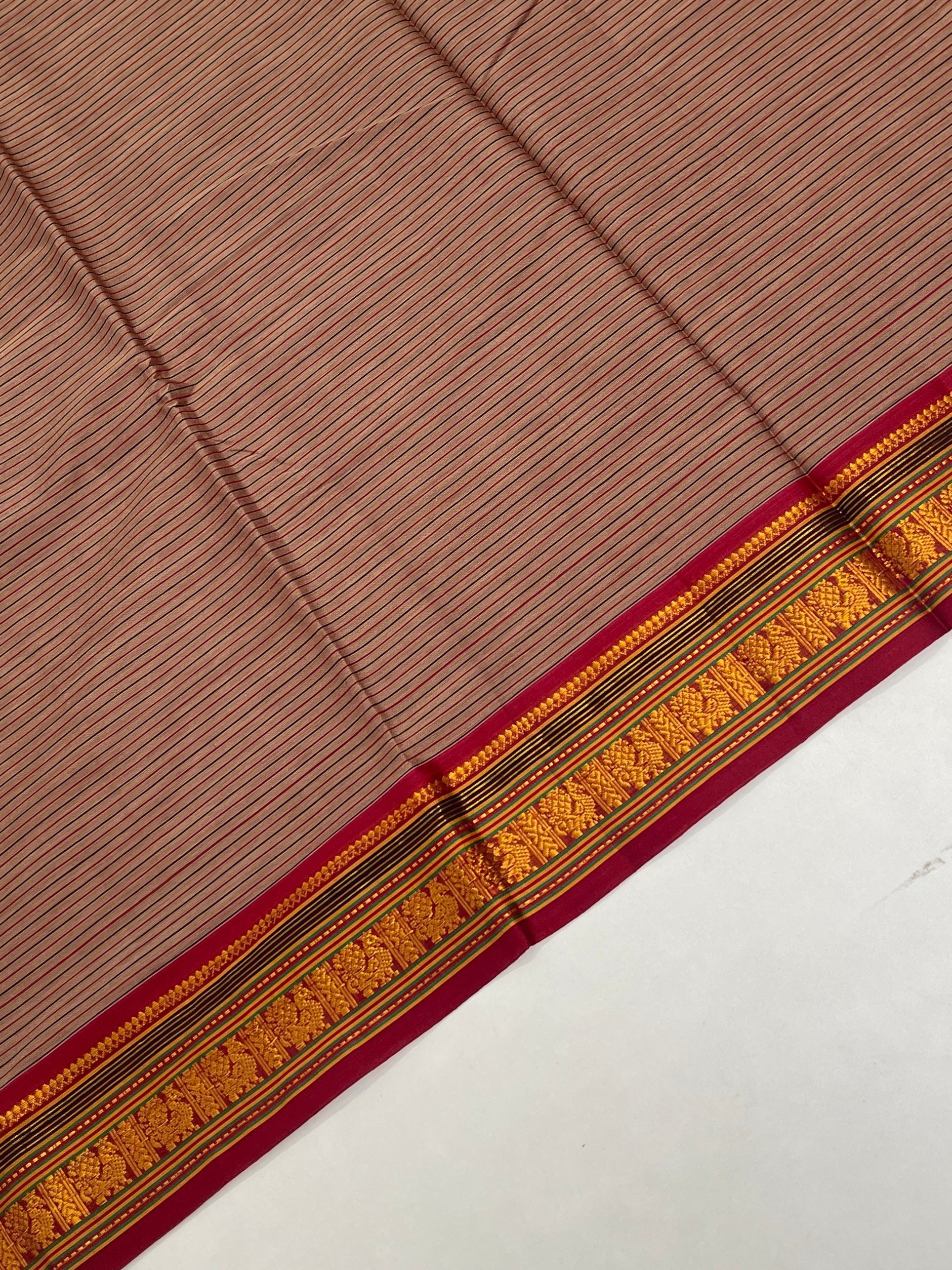 Light Brown Budget Semi Silk Cotton Saree With Doria Lines Pattern