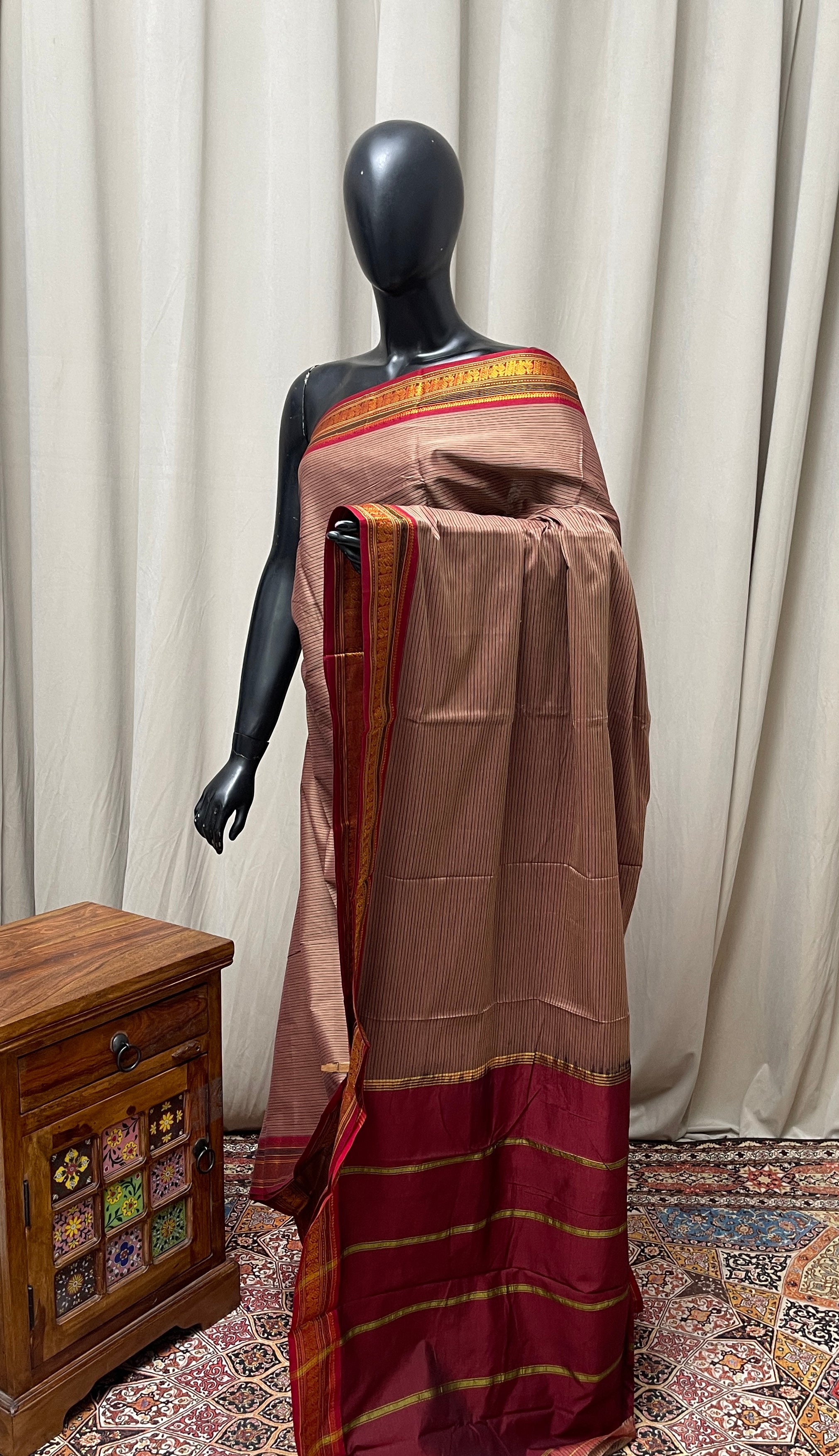 Light Brown Budget Semi Silk Cotton Saree With Doria Lines Pattern