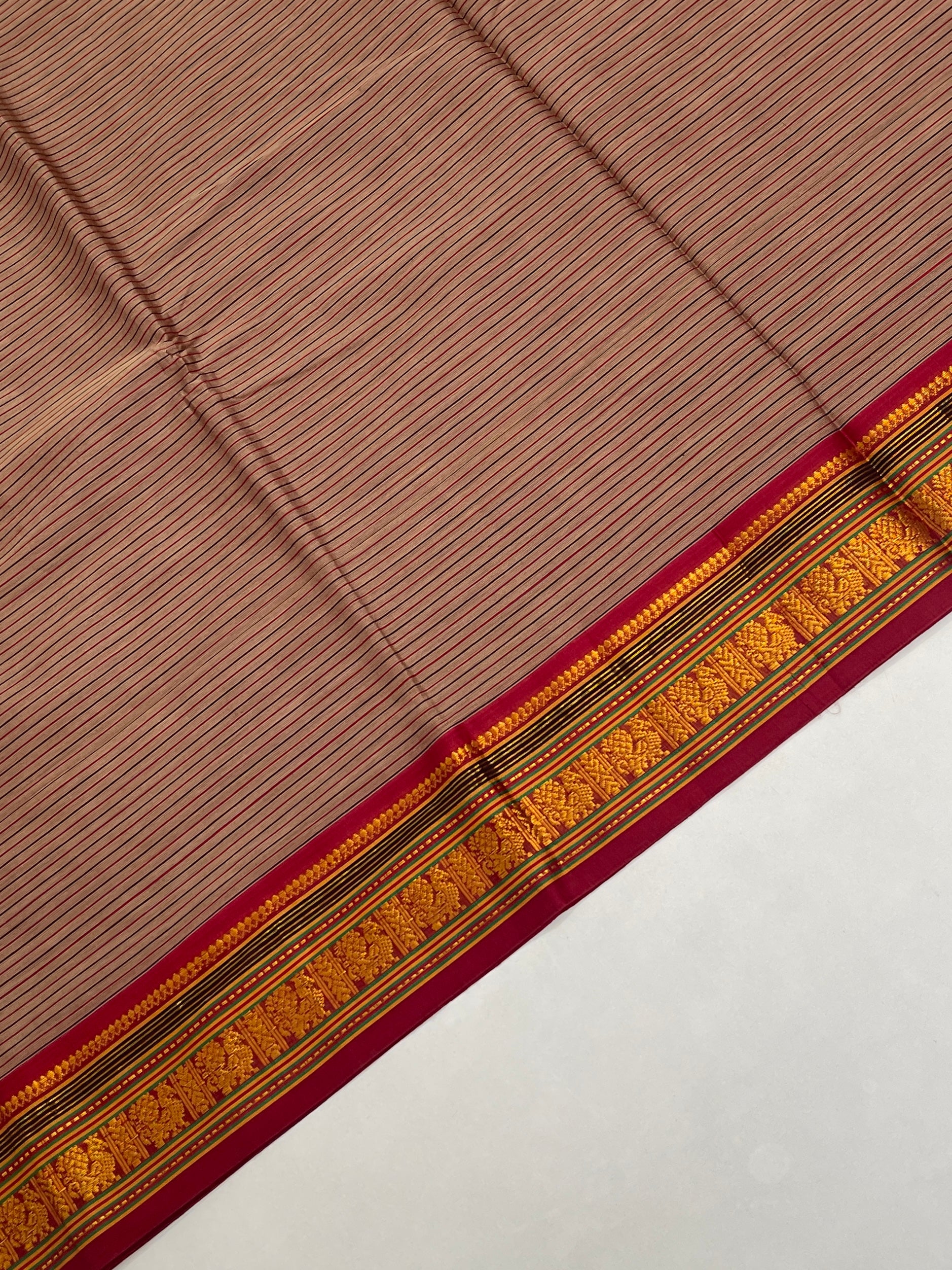 Light Brown Budget Semi Silk Cotton Saree With Doria Lines Pattern