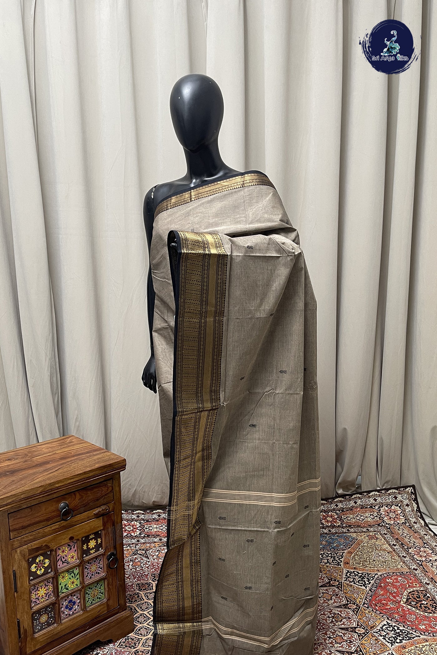 Grey Chettinad Cotton Saree With Buttas Pattern