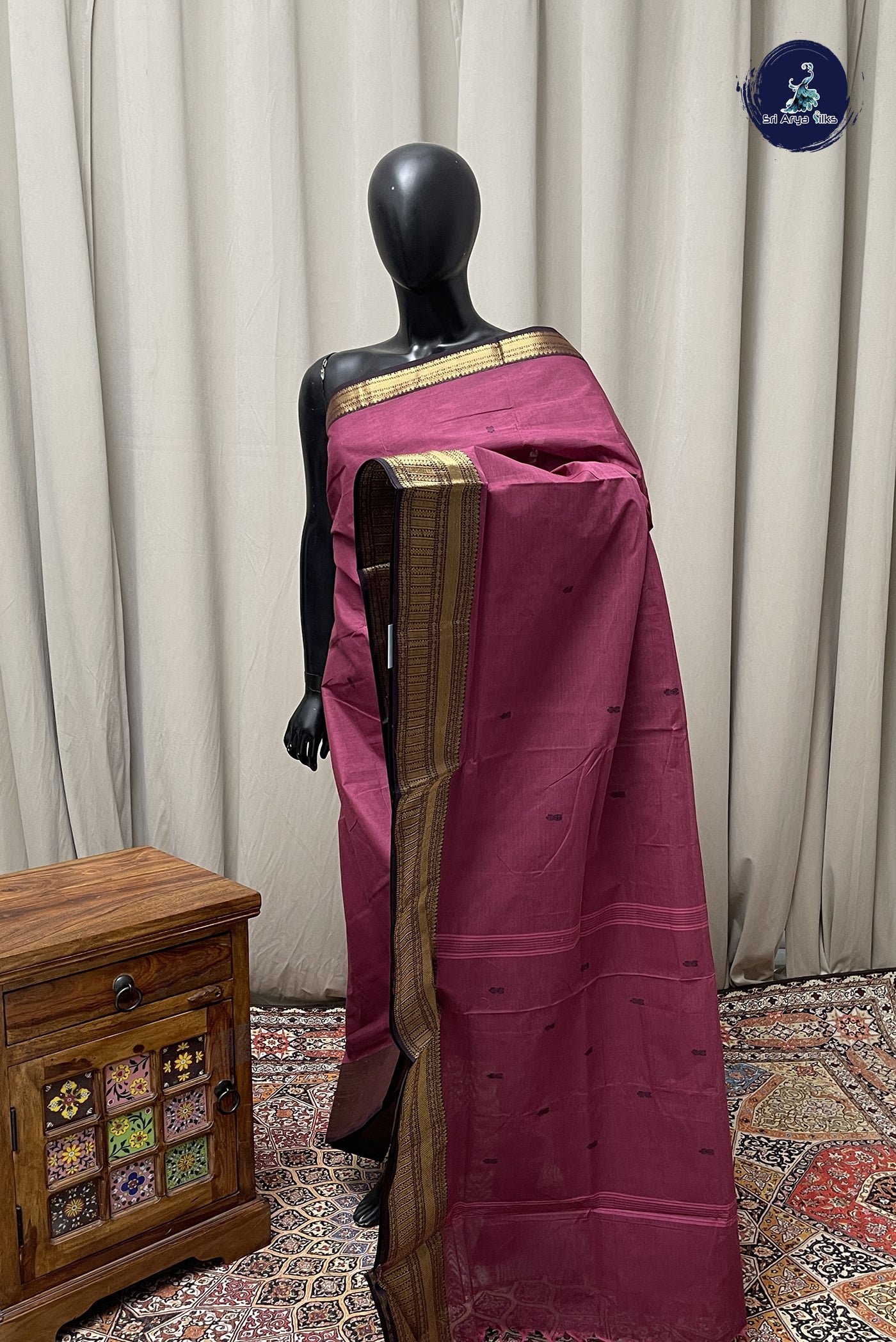 BeetRoot Shade Chettinad Cotton Saree With Buttas Pattern