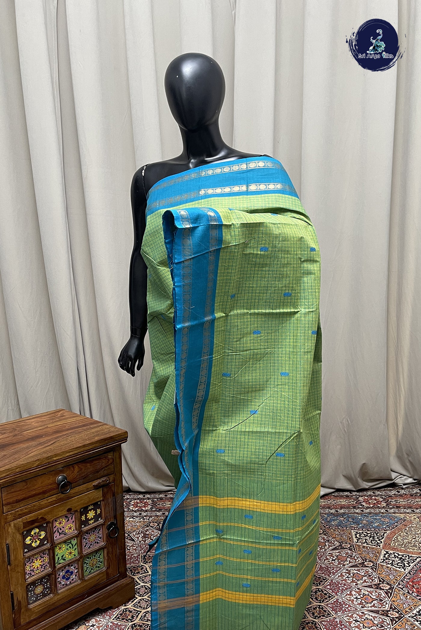 Light Green Chettinad Cotton Saree With Checked Pattern