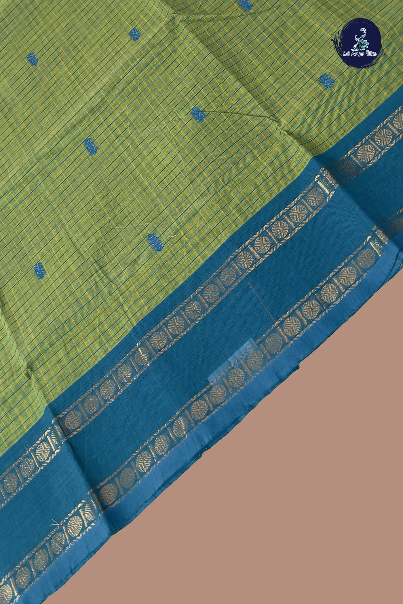 Light Green Chettinad Cotton Saree With Checked Pattern