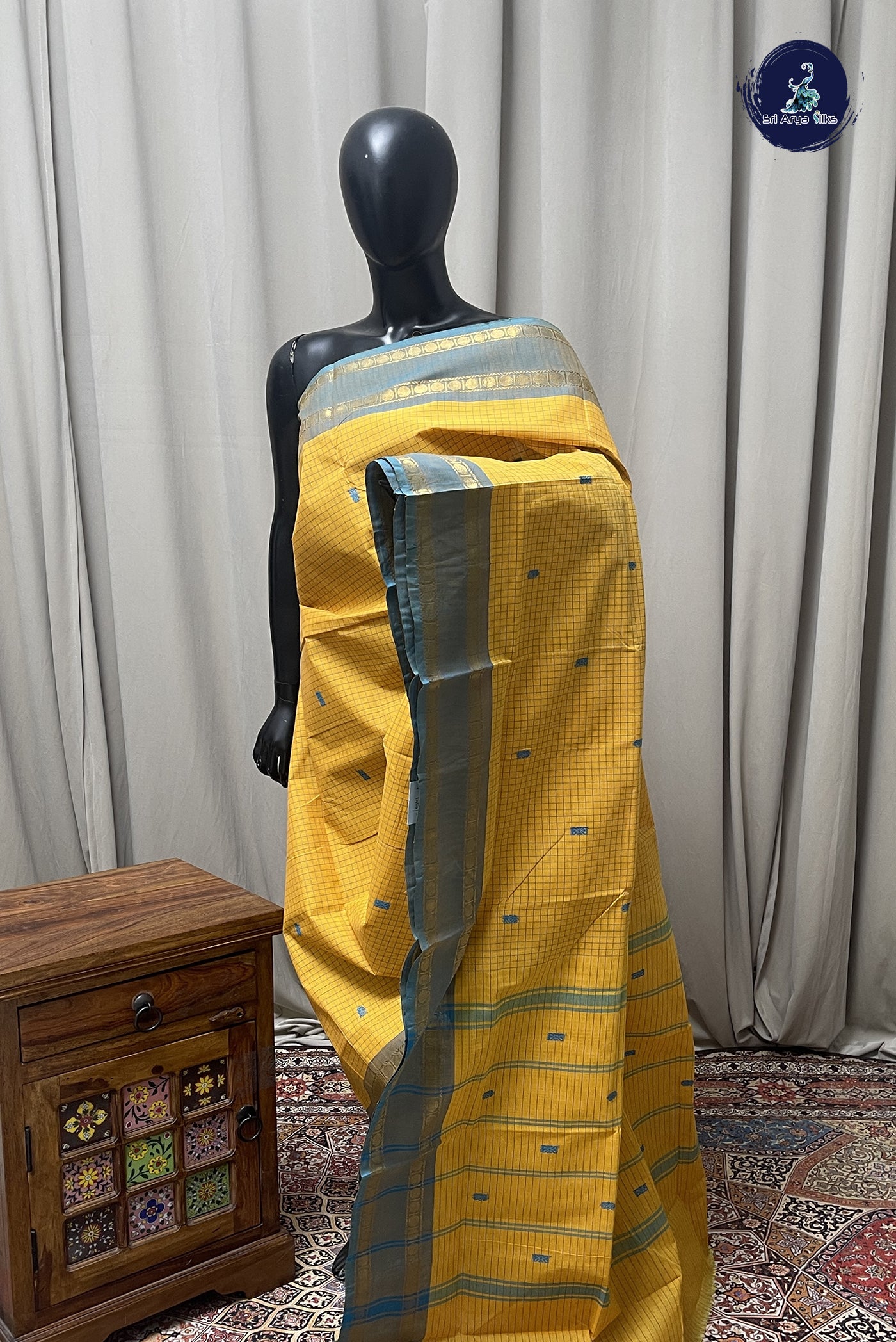 Yellow Chettinad Cotton Saree With Checked Pattern