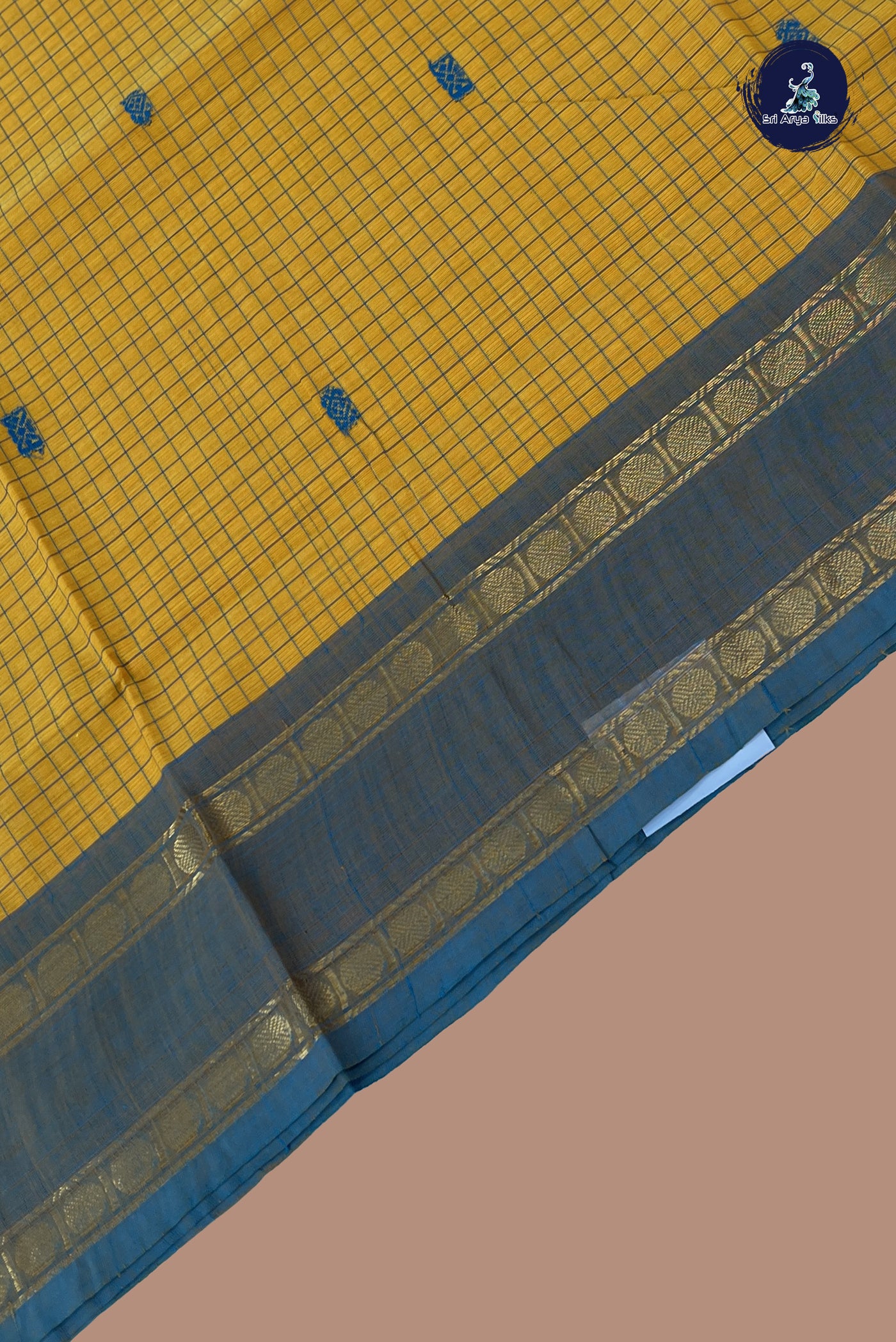 Yellow Chettinad Cotton Saree With Checked Pattern