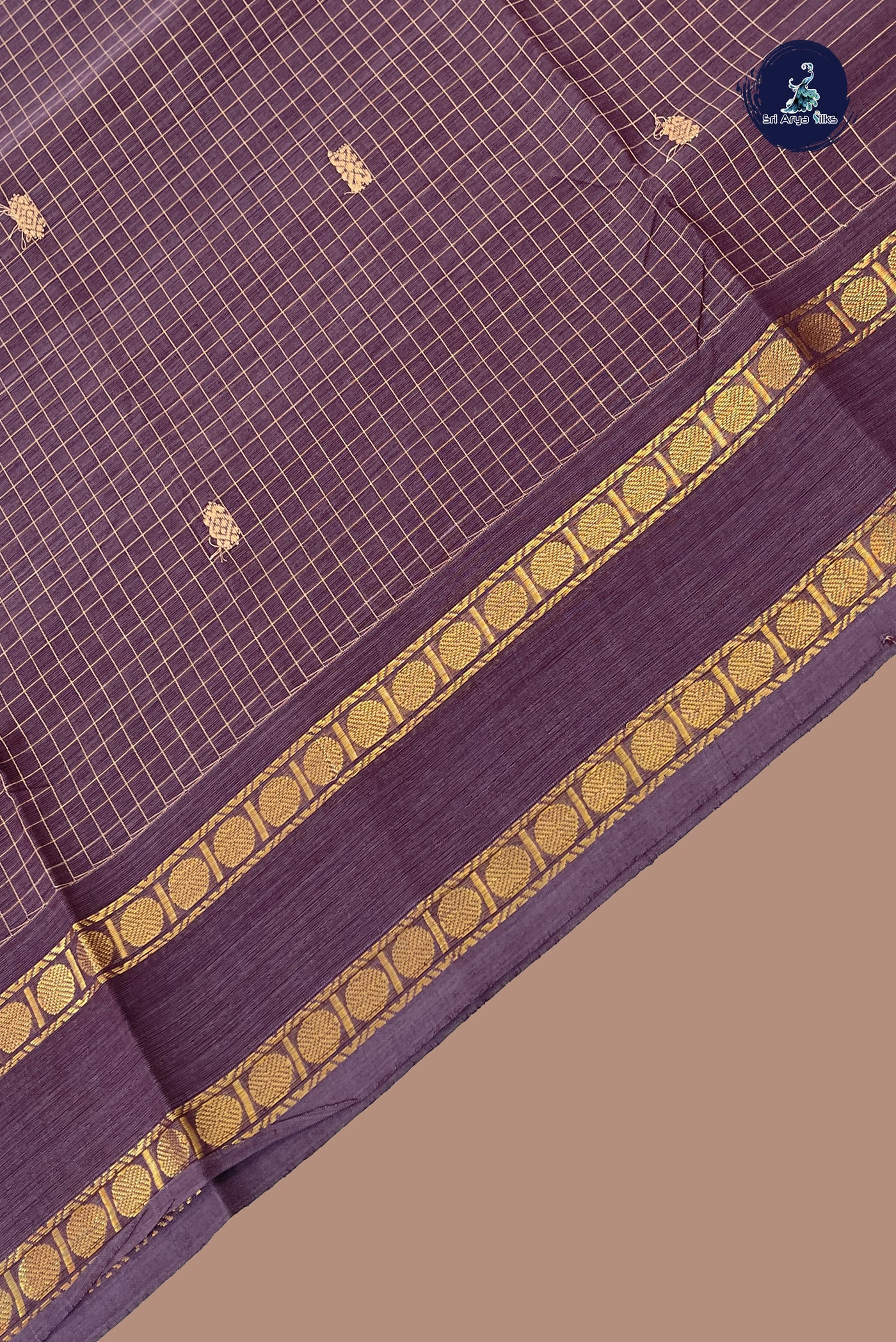 Dual Tone Brown Chettinad Cotton Saree With Checked Pattern