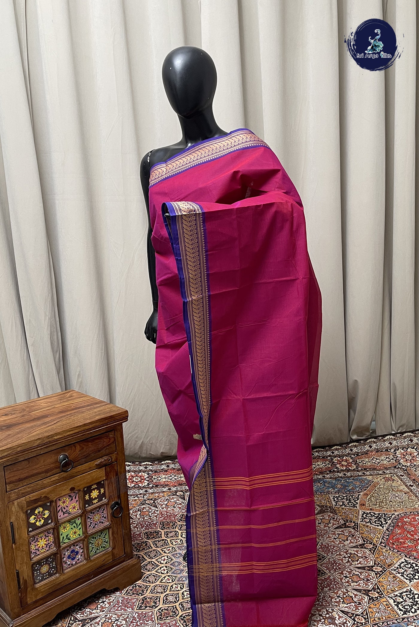 Dark Pink Chettinad Cotton Saree With Plain Pattern