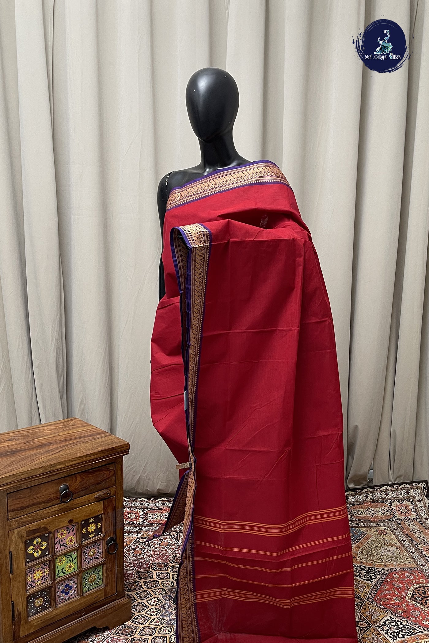 Maroon Chettinad Cotton Saree With Plain Pattern