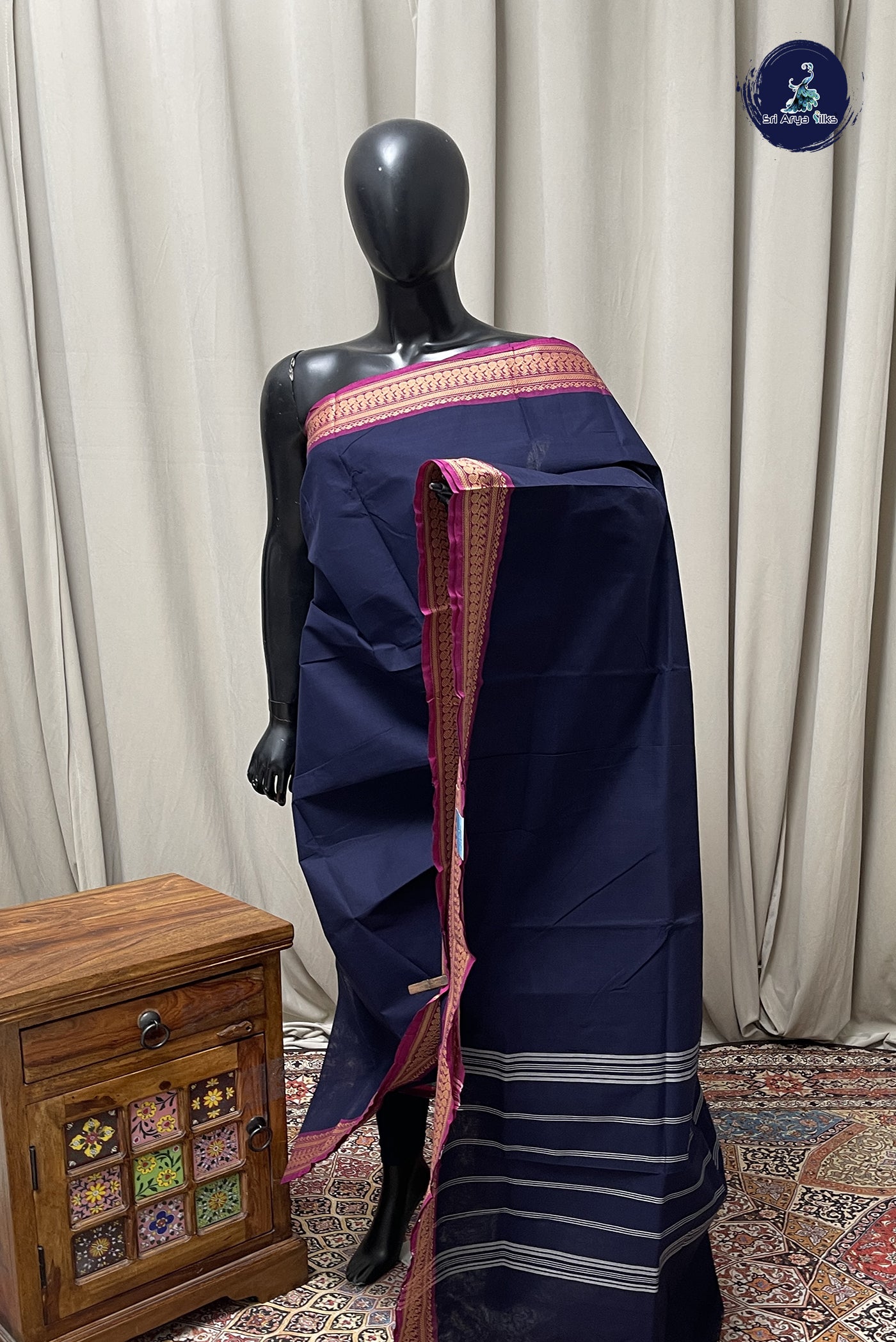Navy Blue Chettinad Cotton Saree With Plain Pattern