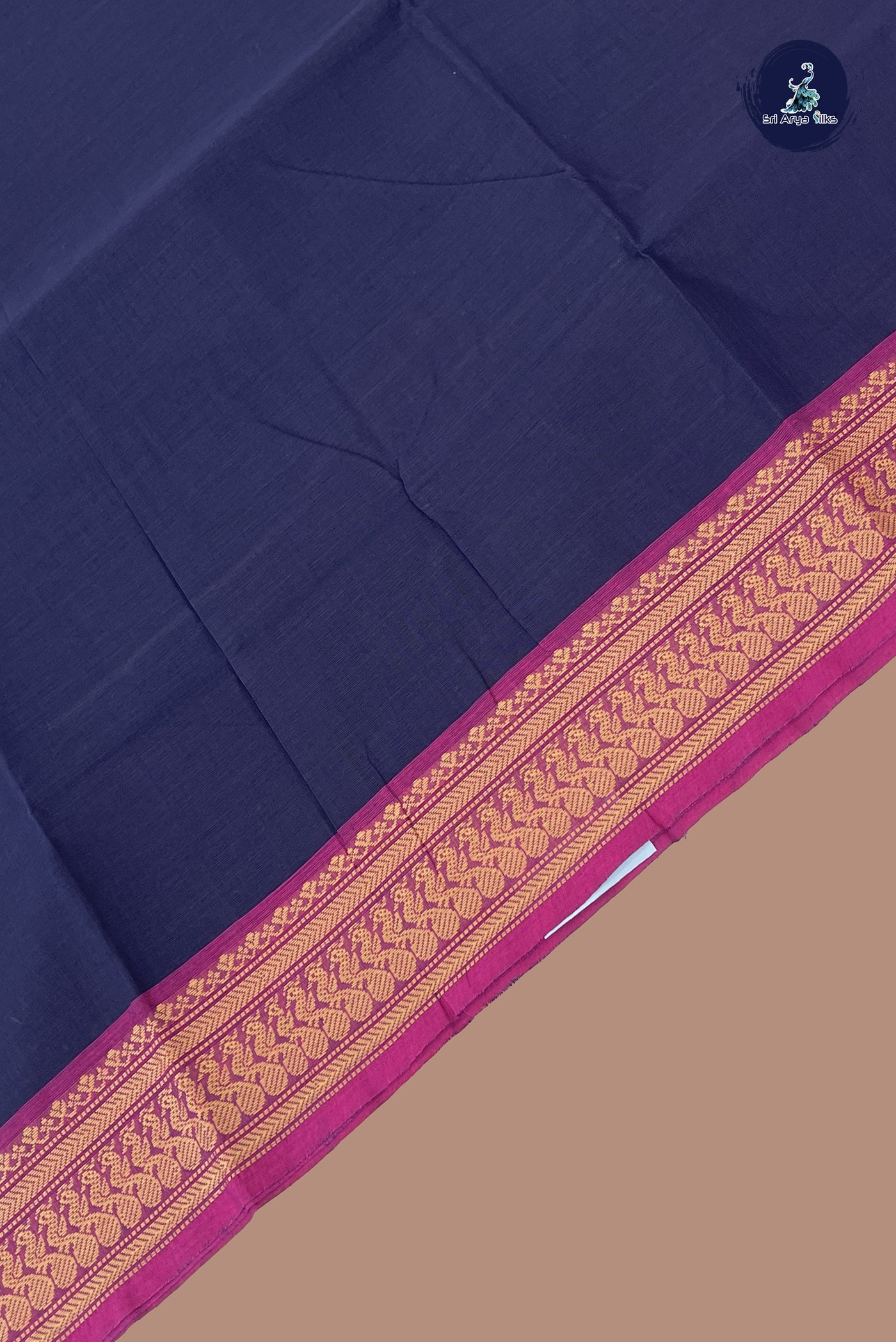 Navy Blue Chettinad Cotton Saree With Plain Pattern