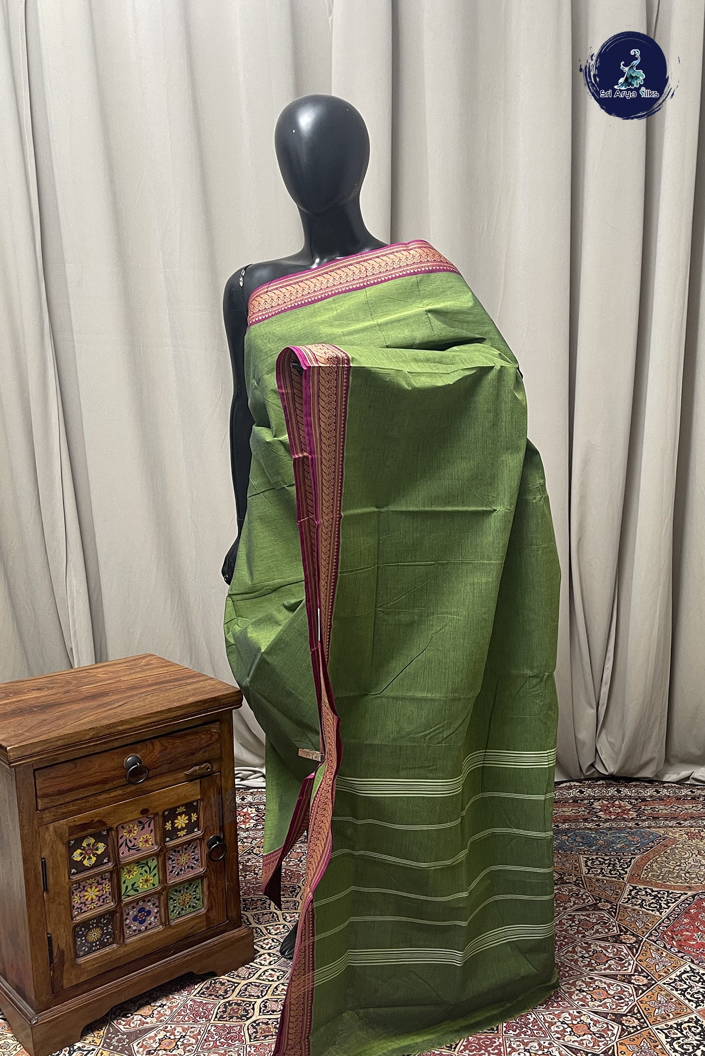 Green Chettinad Cotton Saree With Plain Pattern