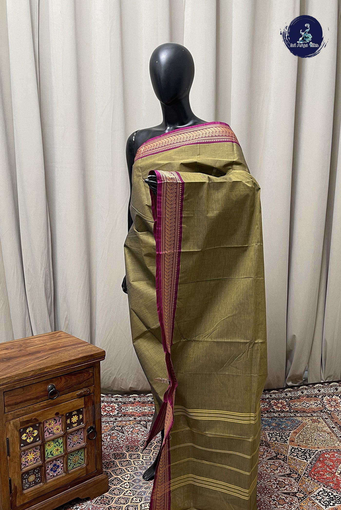 Mehendi Green Chettinad Cotton Saree With Plain Pattern