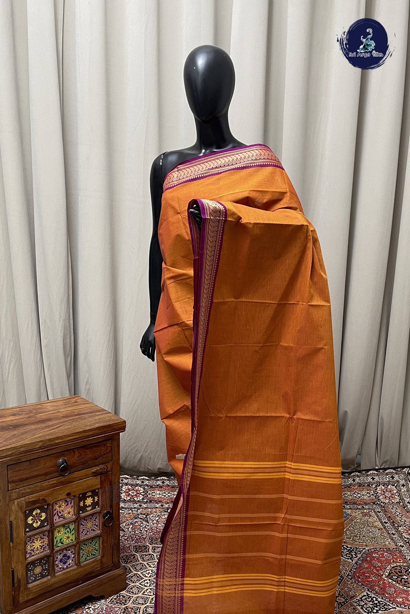 Lite Mustard Orange Chettinad Cotton Saree With Plain Pattern