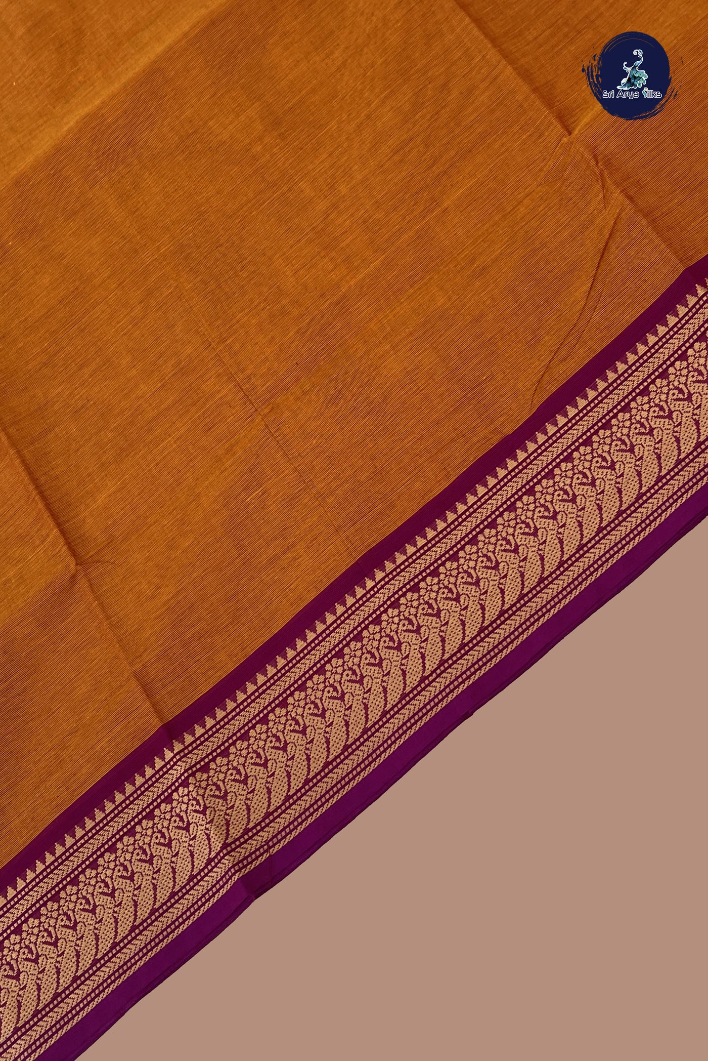 Lite Mustard Orange Chettinad Cotton Saree With Plain Pattern