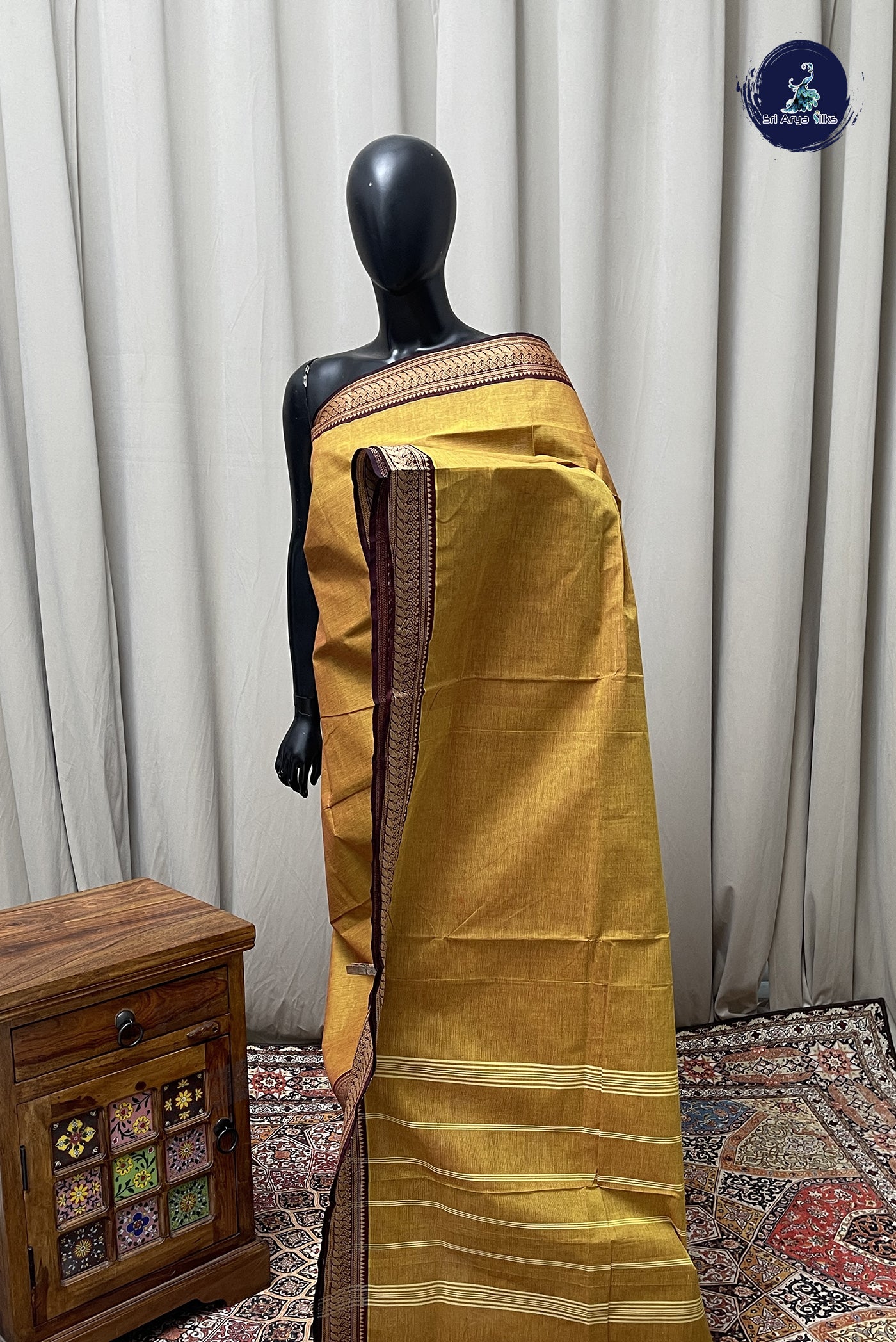 Mustard Chettinad Cotton Saree With Plain Pattern
