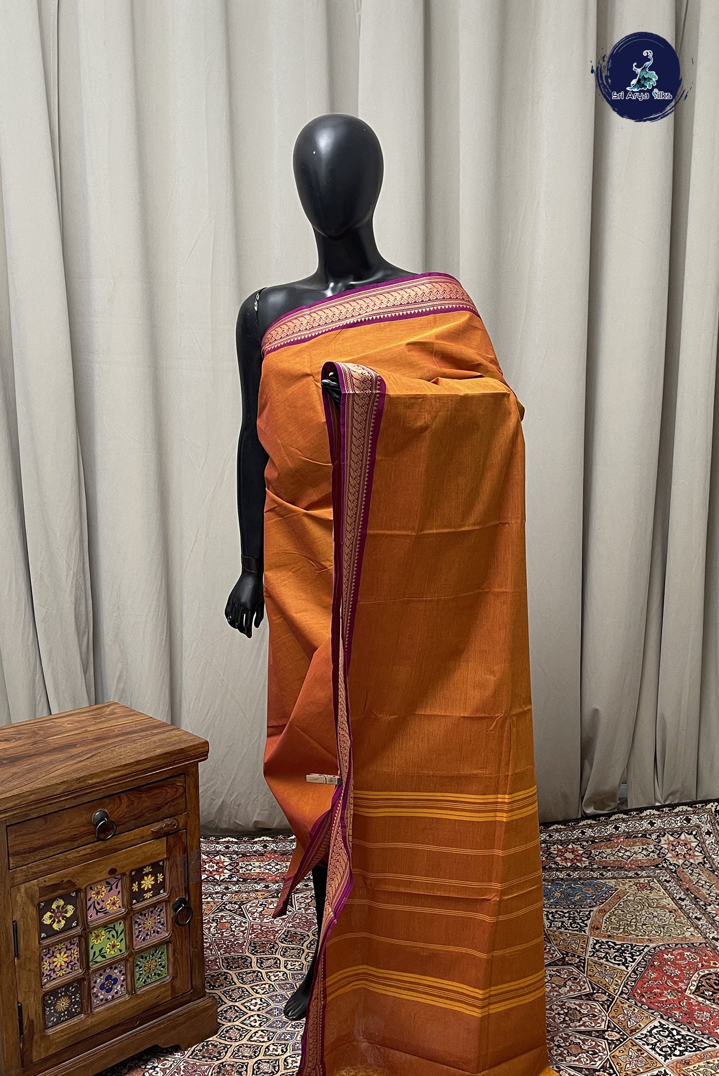 Orange Chettinad Cotton Saree With Plain Pattern