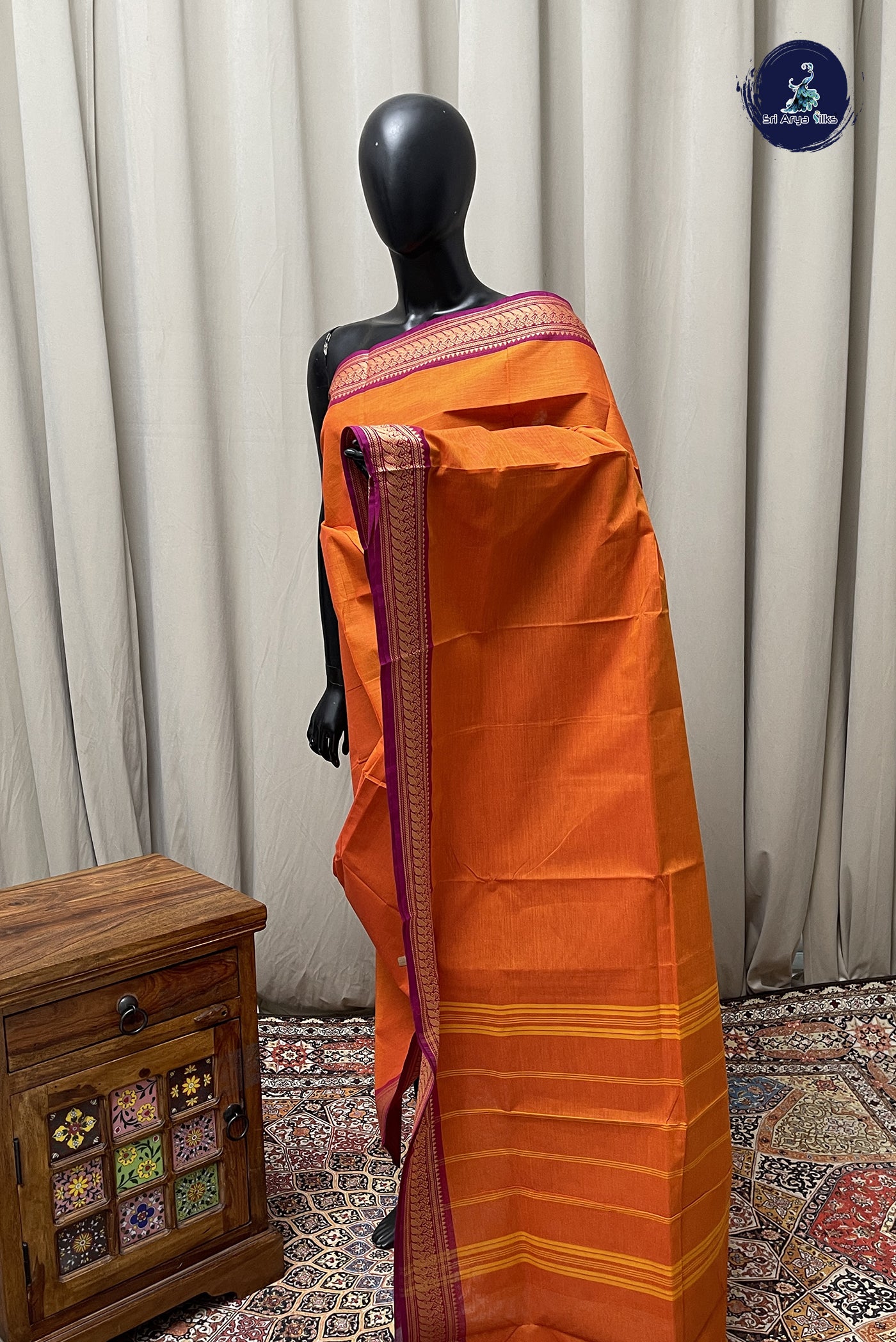 Orange Chettinad Cotton Saree With Plain Pattern