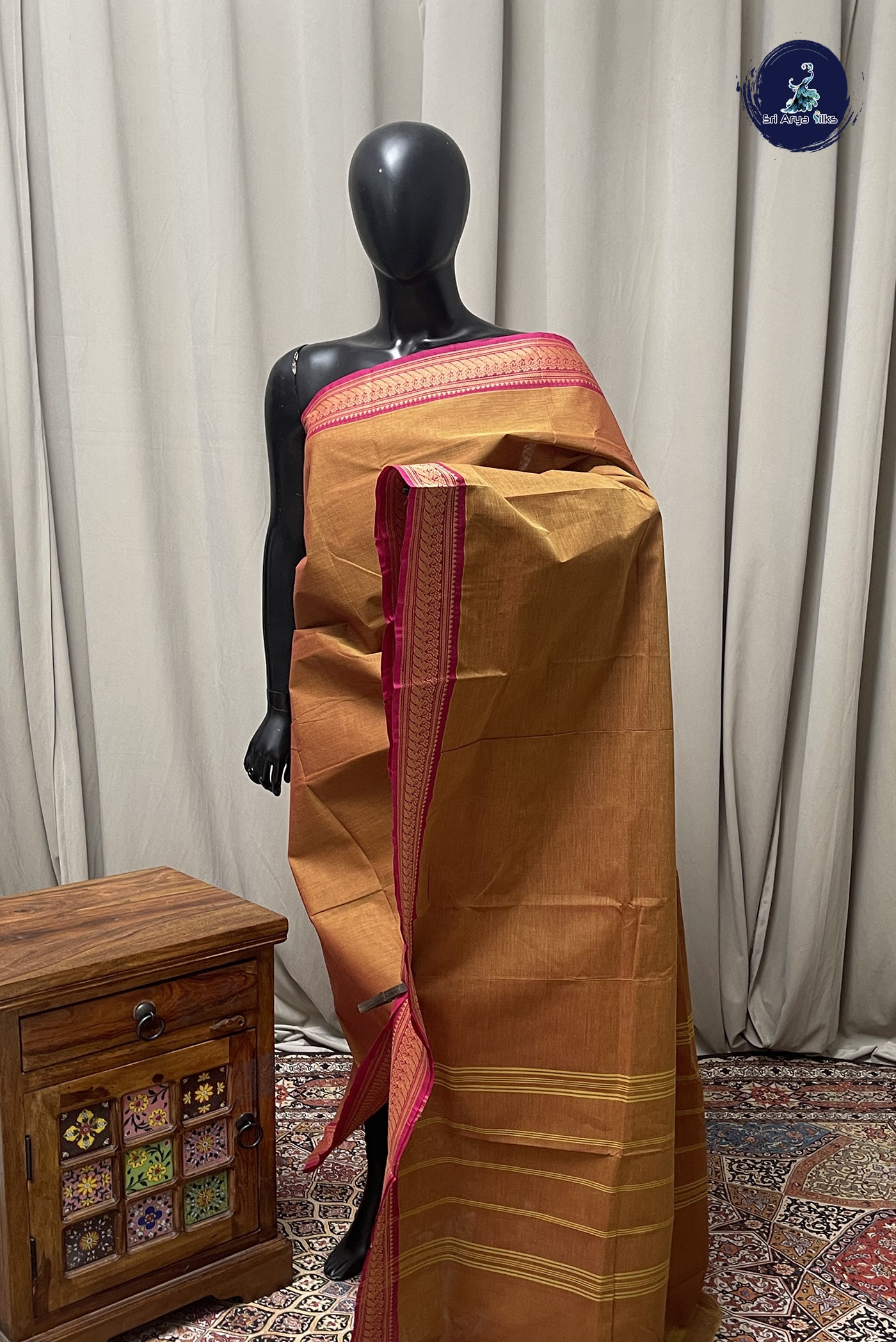 Light Brown Chettinad Cotton Saree With Plain Pattern