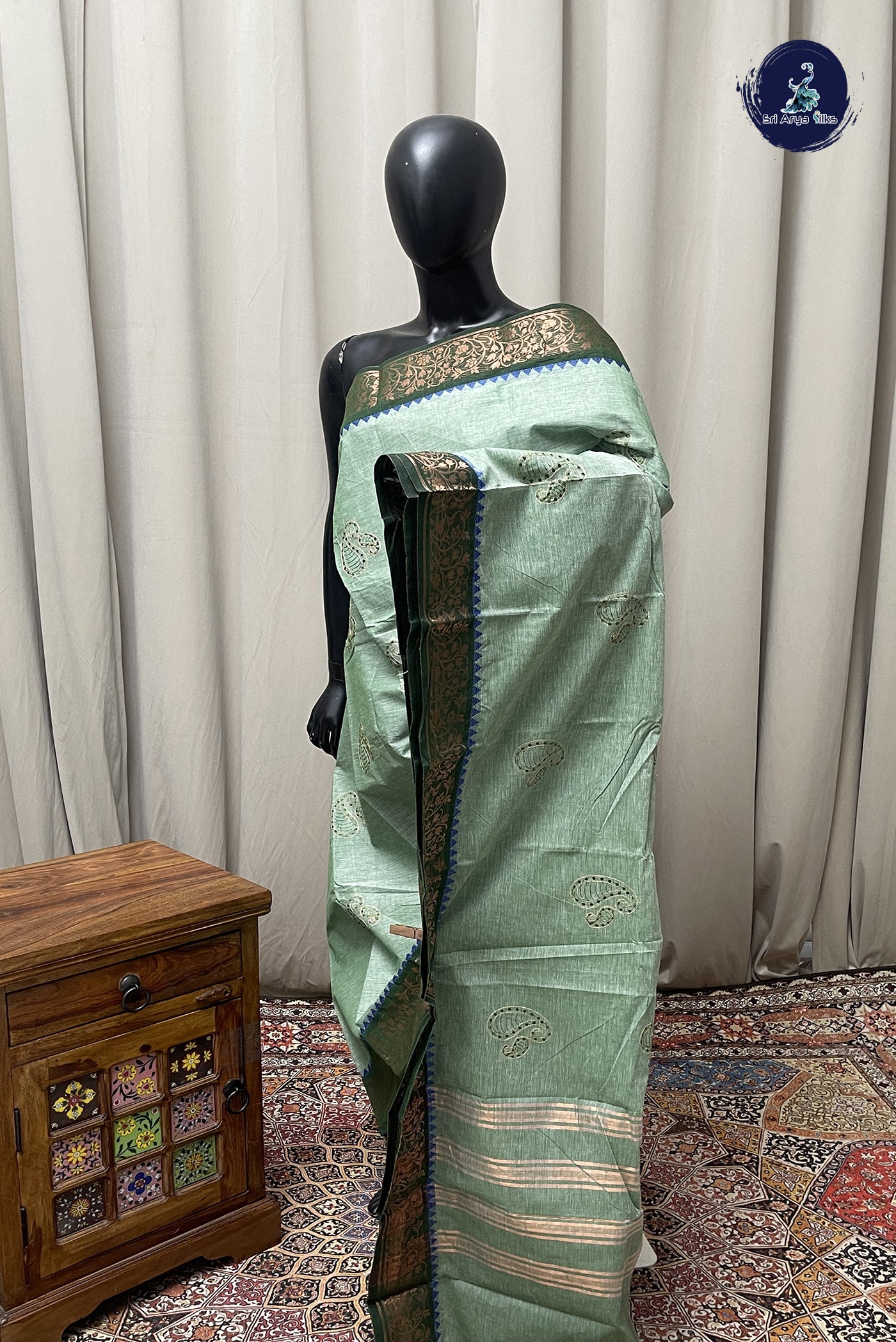 Pastel Green Chettinad Cotton Saree With Buttas Pattern