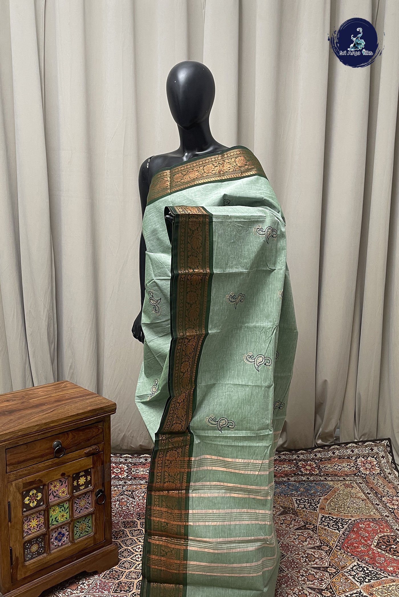 Pastel Green Chettinad Cotton Saree With Buttas Pattern