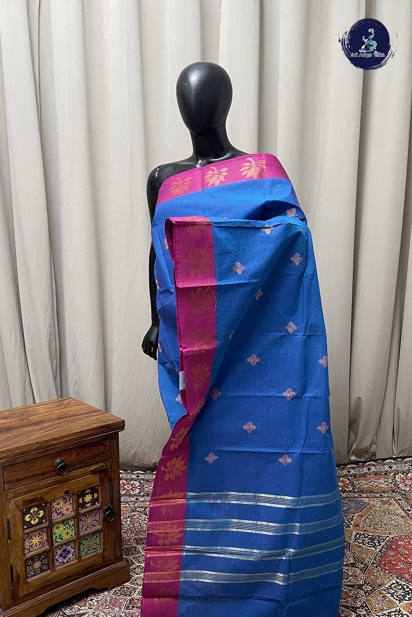 Copper Sulphate Blue Chettinad Cotton Saree With Buttas Pattern