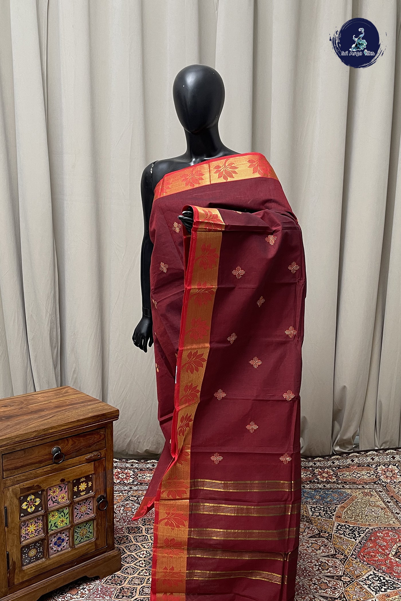 Maroon Chettinad Cotton Saree With Buttas Pattern