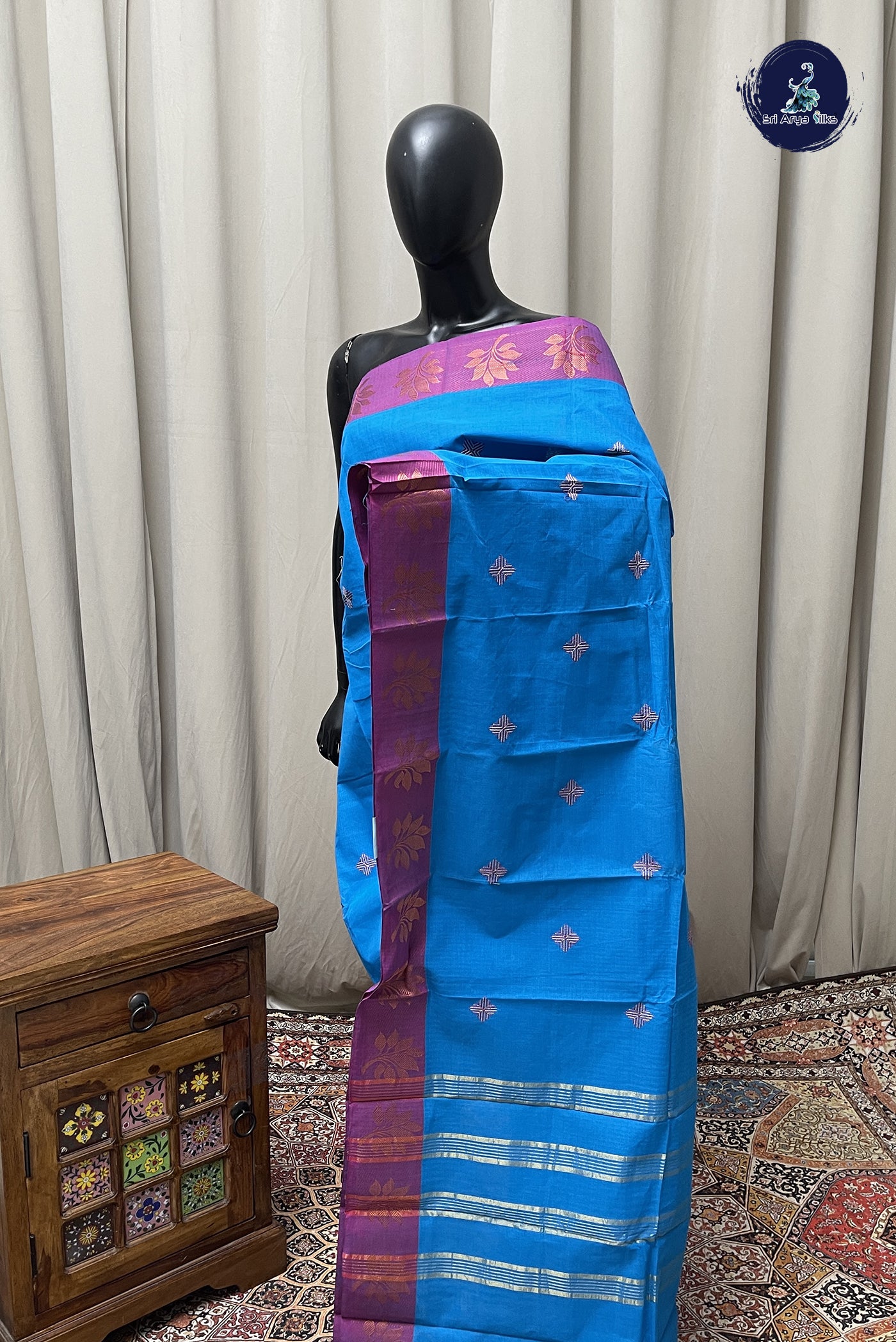 Copper Sulphate Blue Chettinad Cotton Saree With Buttas Pattern