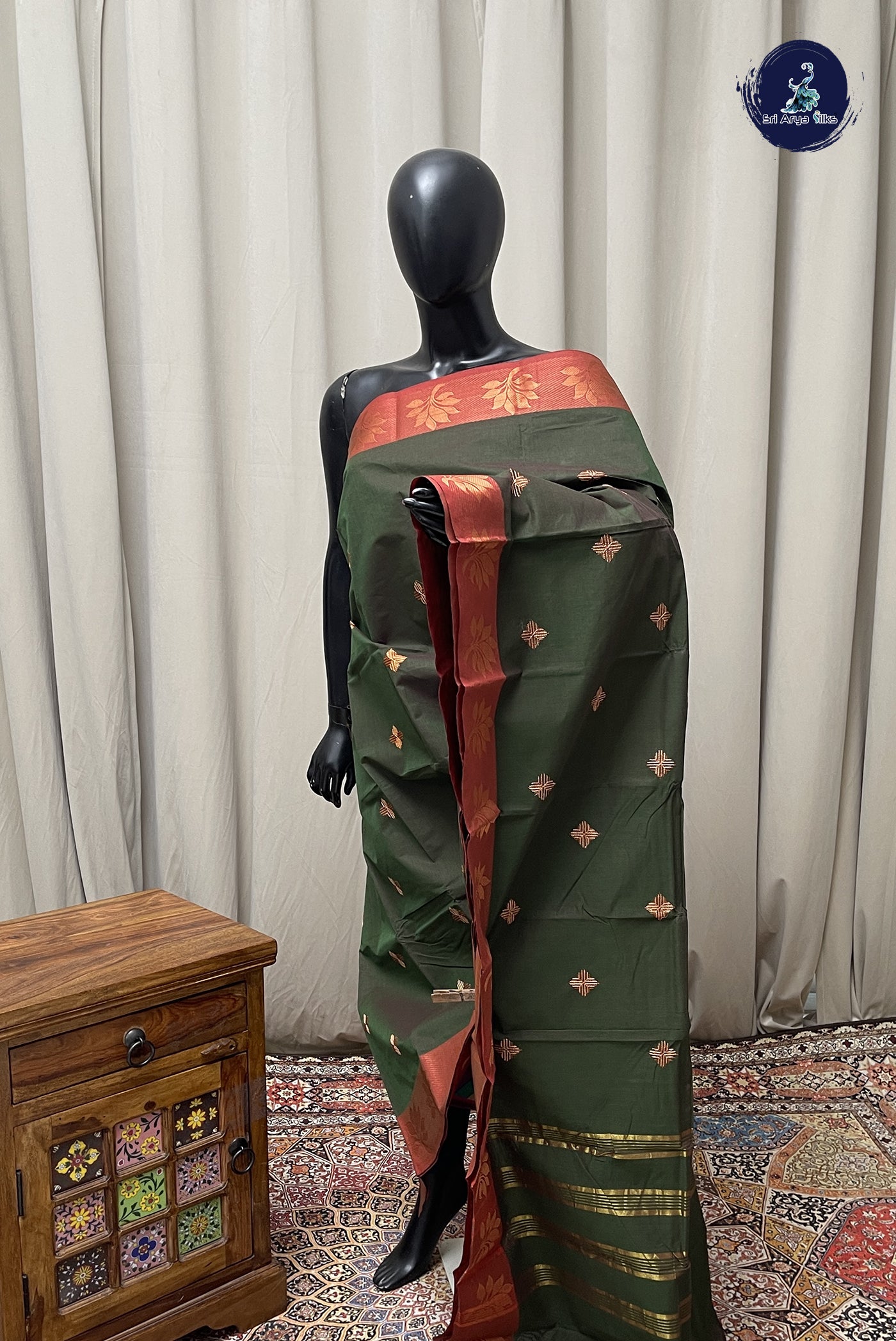Green Chettinad Cotton Saree With Buttas Pattern
