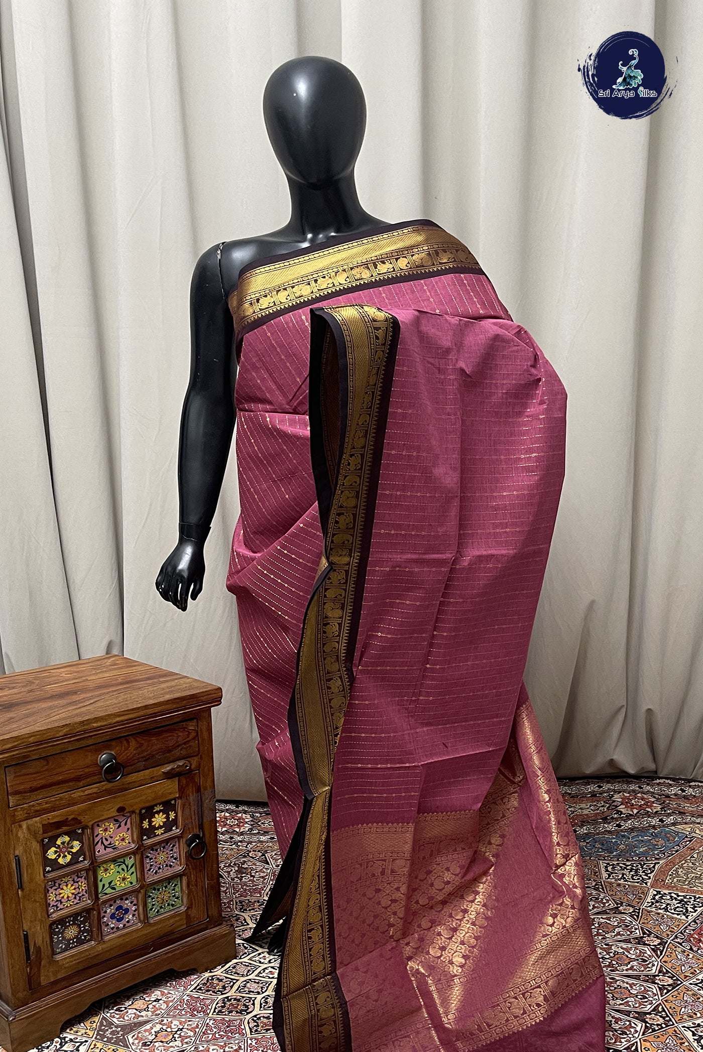 Pink Kanchi Cotton Saree With Stripes Pattern