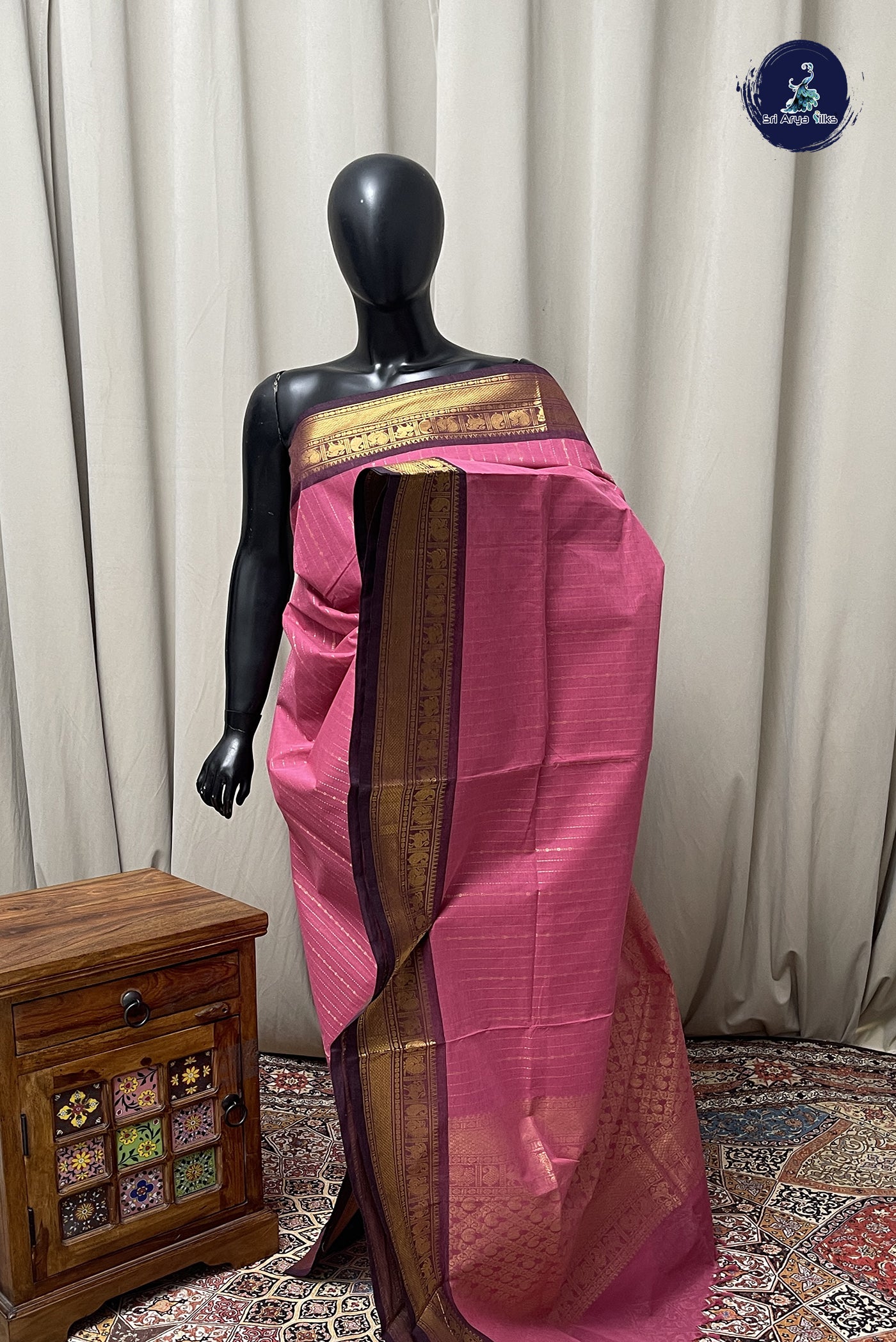 Light Pink Kanchi Cotton Saree With Stripes Pattern