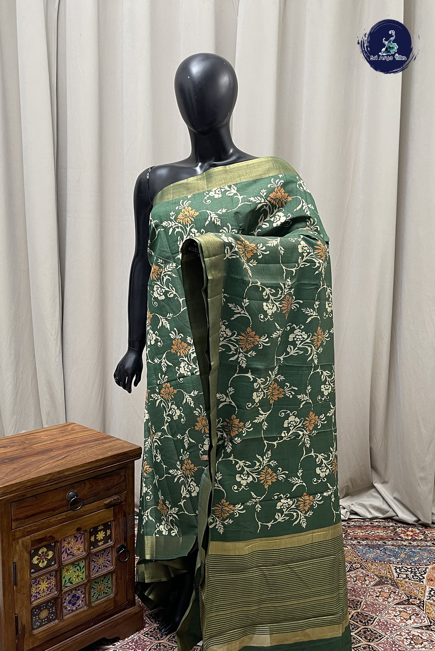 Dark Green Semi Tussar Saree With Printed Pattern
