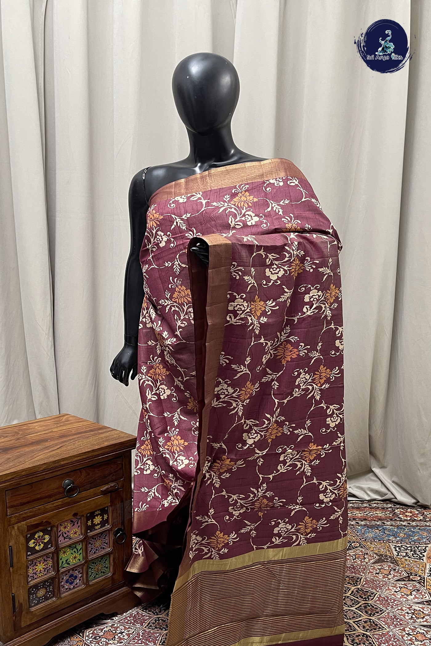 Burgundy Semi Tussar Saree With Printed Pattern