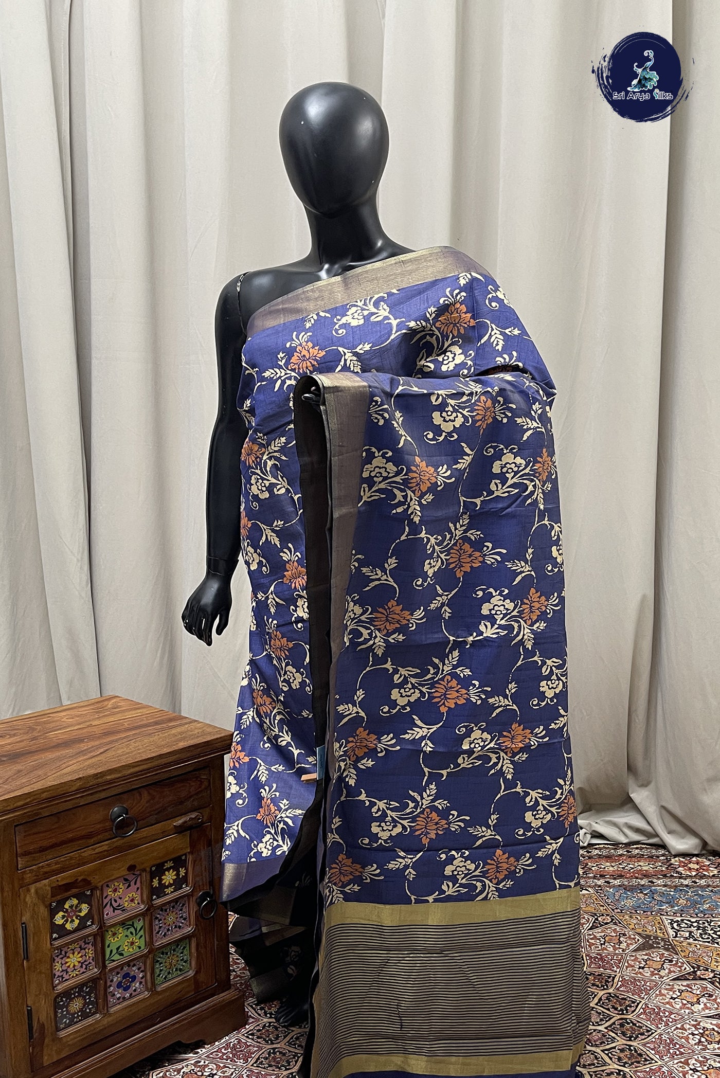 Blue Semi Tussar Saree With Printed Pattern