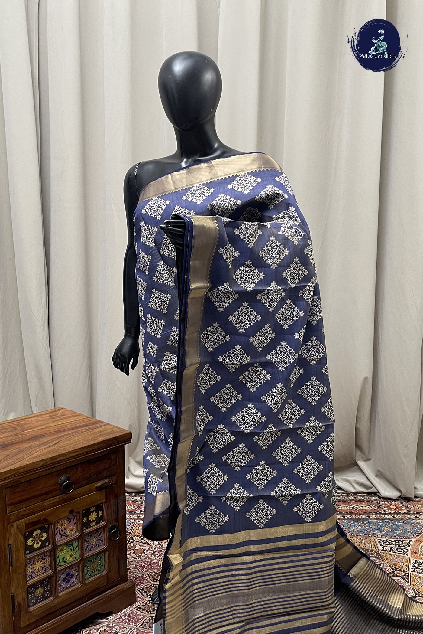 Blue Semi Tussar Saree With Printed Pattern