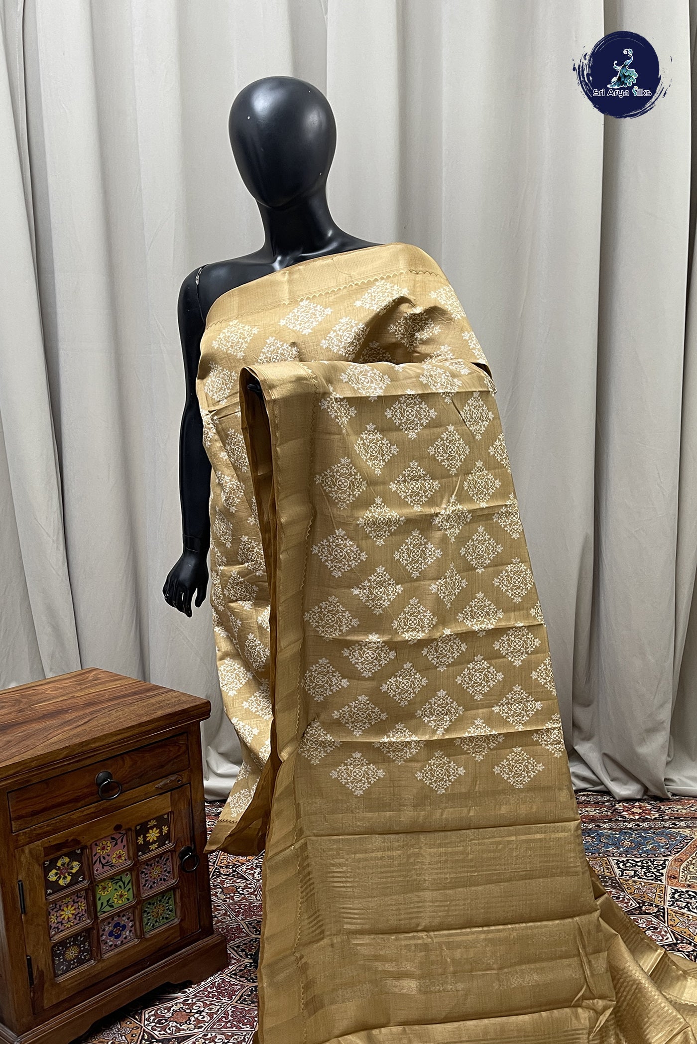 Beige Semi Tussar Saree With Printed Pattern